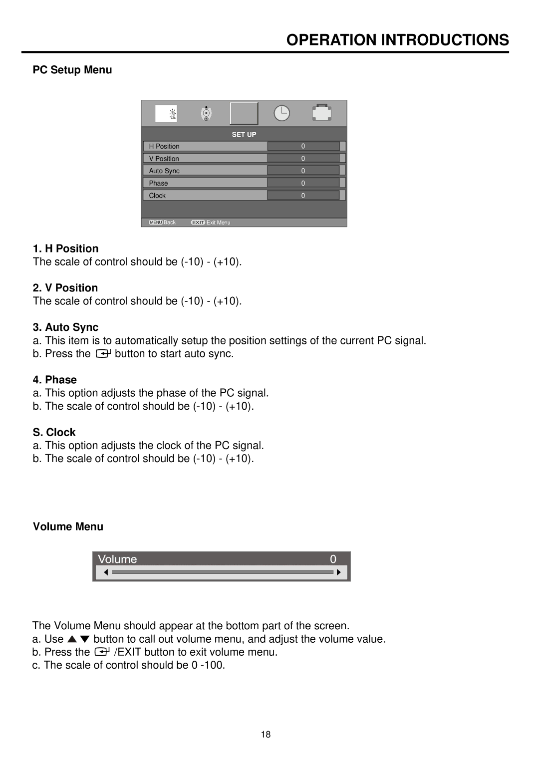 Palsonic TFTV836BK owner manual PC Setup Menu, Auto Sync, Phase, Clock, Volume Menu 