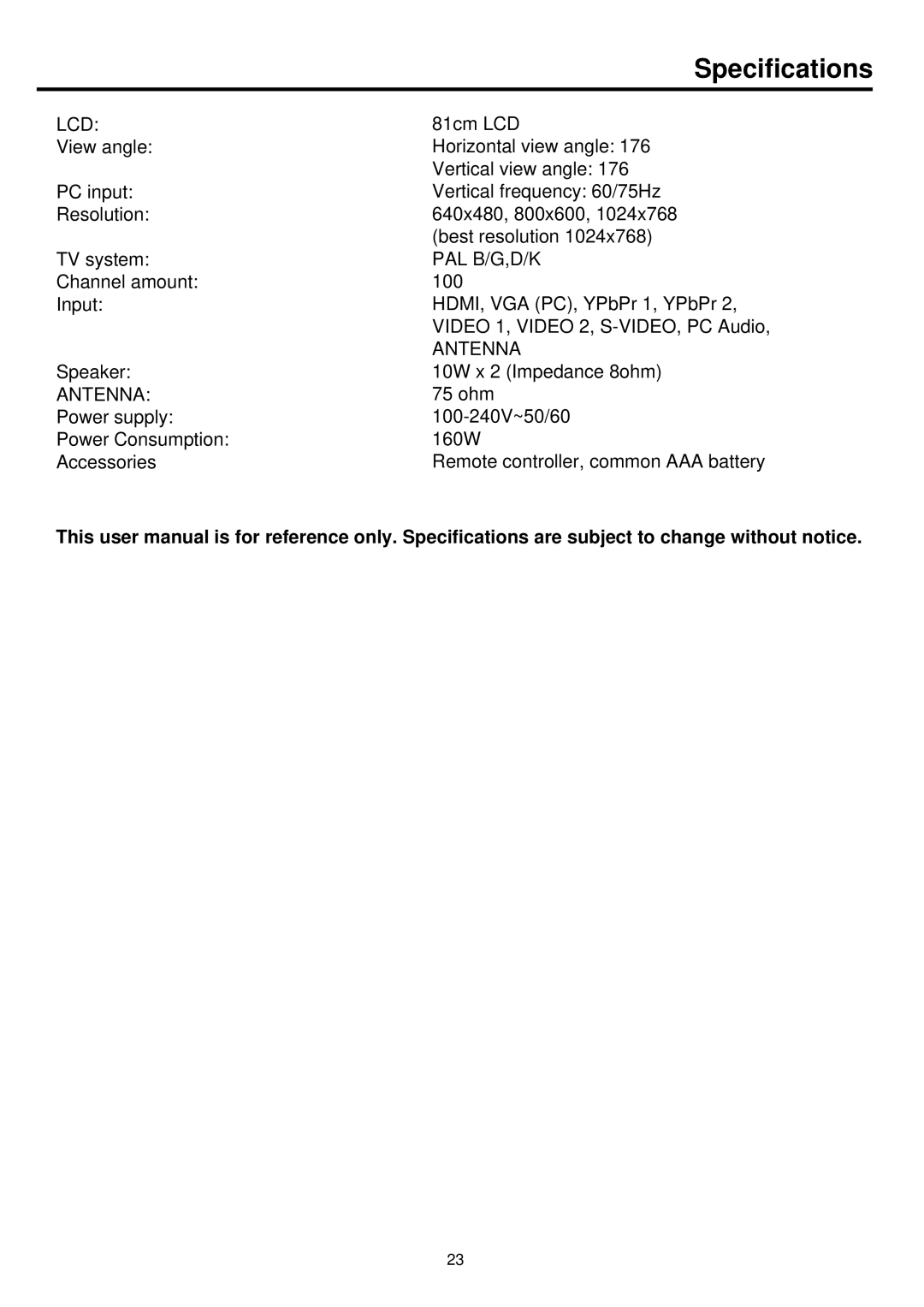 Palsonic TFTV836BK owner manual Specifications, Lcd 