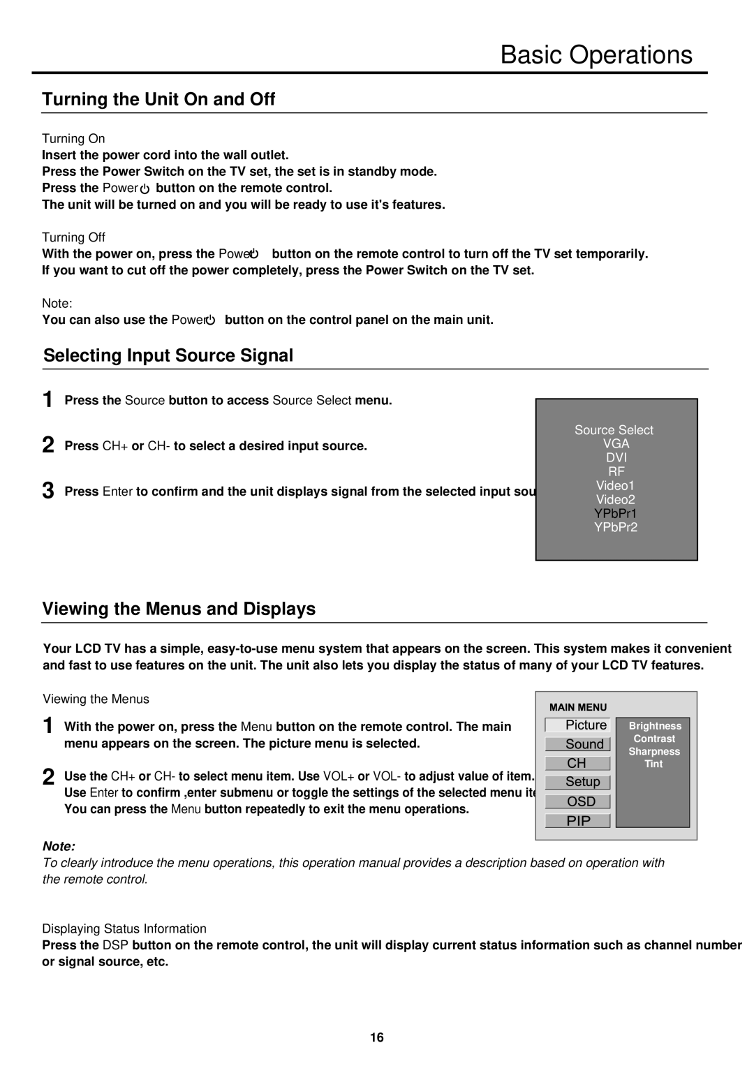 Palsonic TFTV930 owner manual Basic Operations, Turning the Unit On and Off, Selecting Input Source Signal 