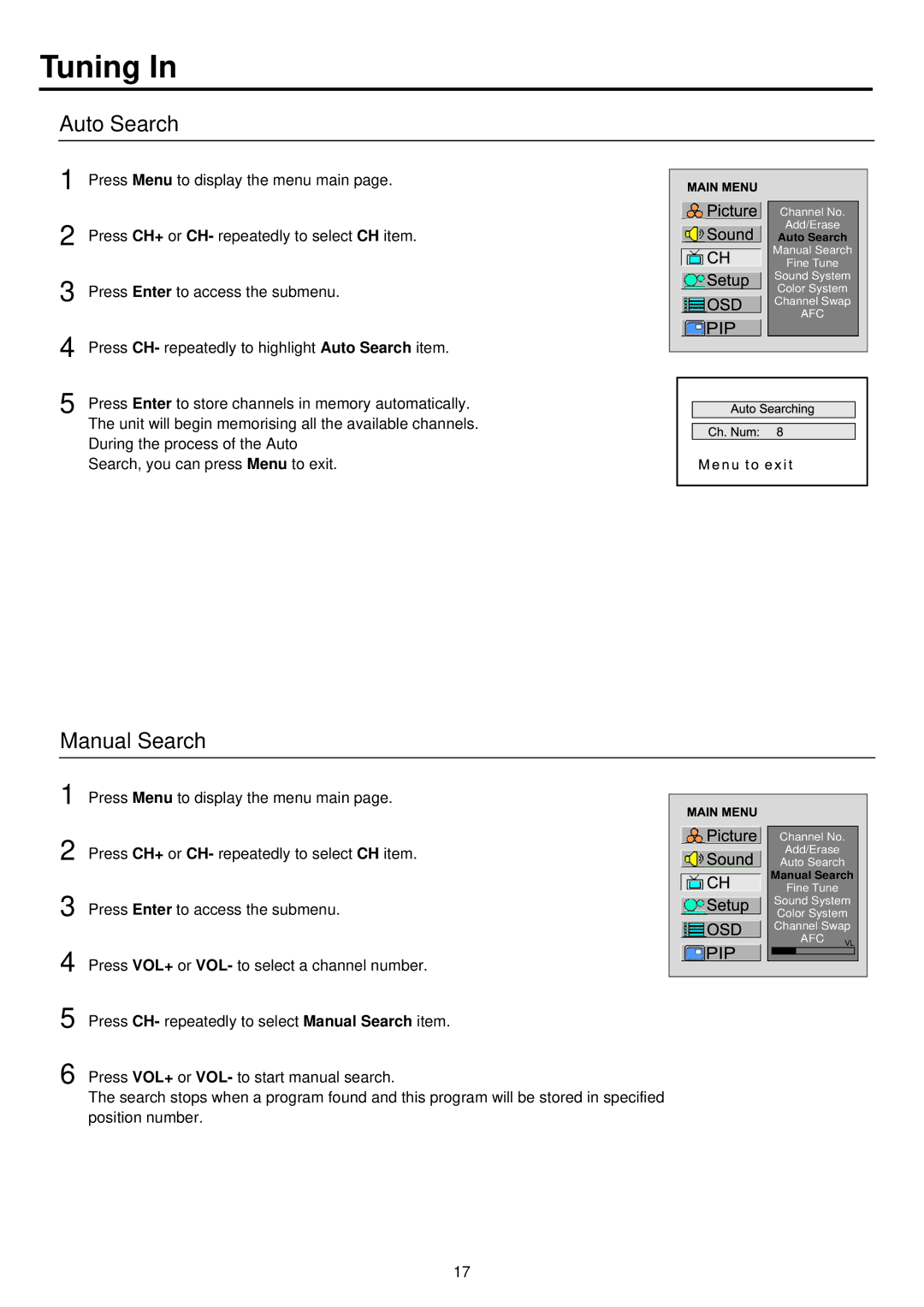 Palsonic TFTV930 owner manual Tuning, Auto Search, Manual Search 