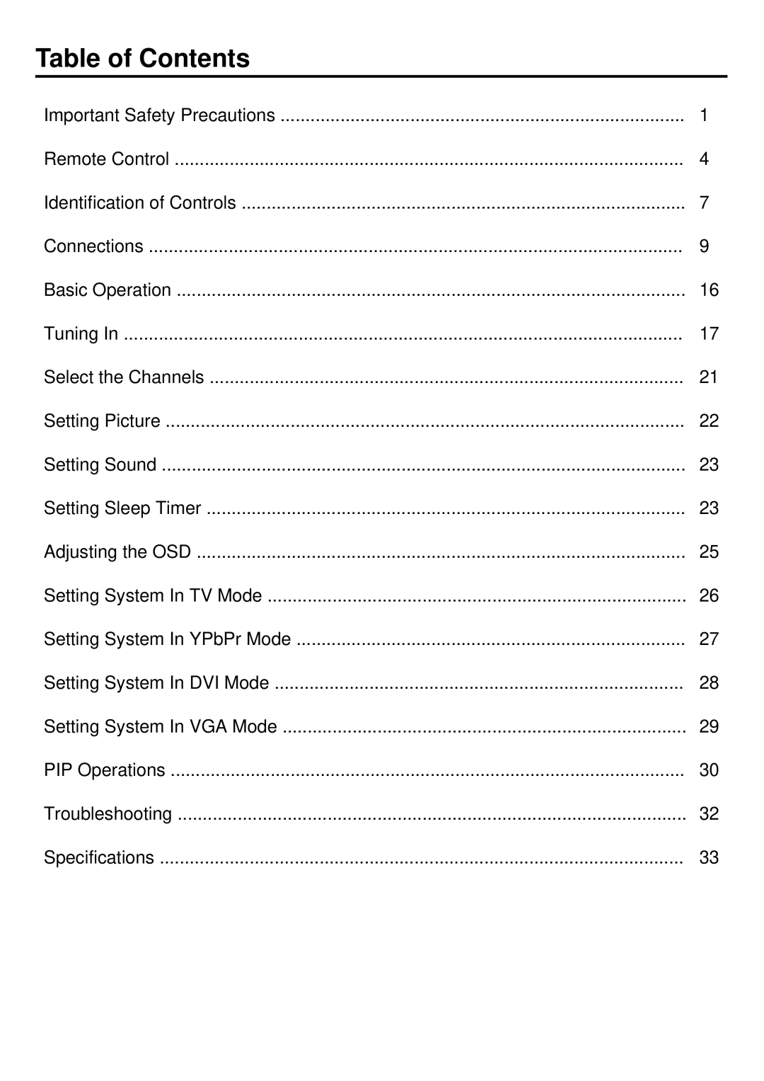 Palsonic TFTV930 owner manual Table of Contents 