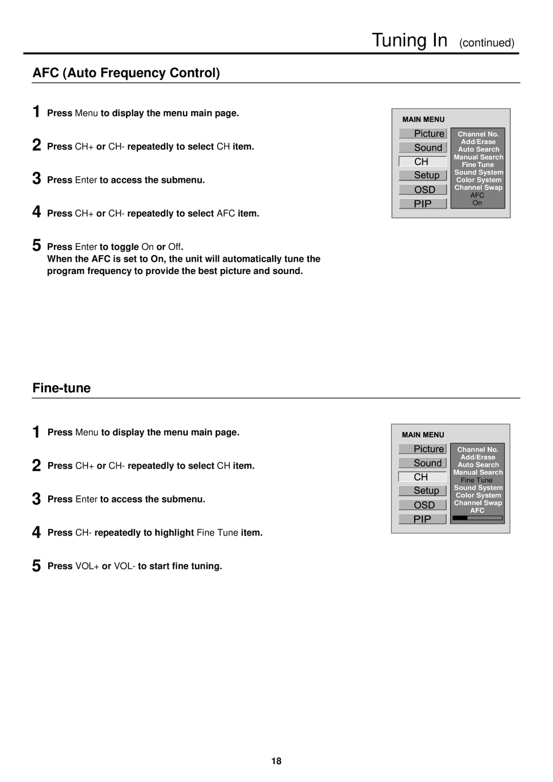 Palsonic TFTV930 owner manual AFC Auto Frequency Control, Fine-tune 