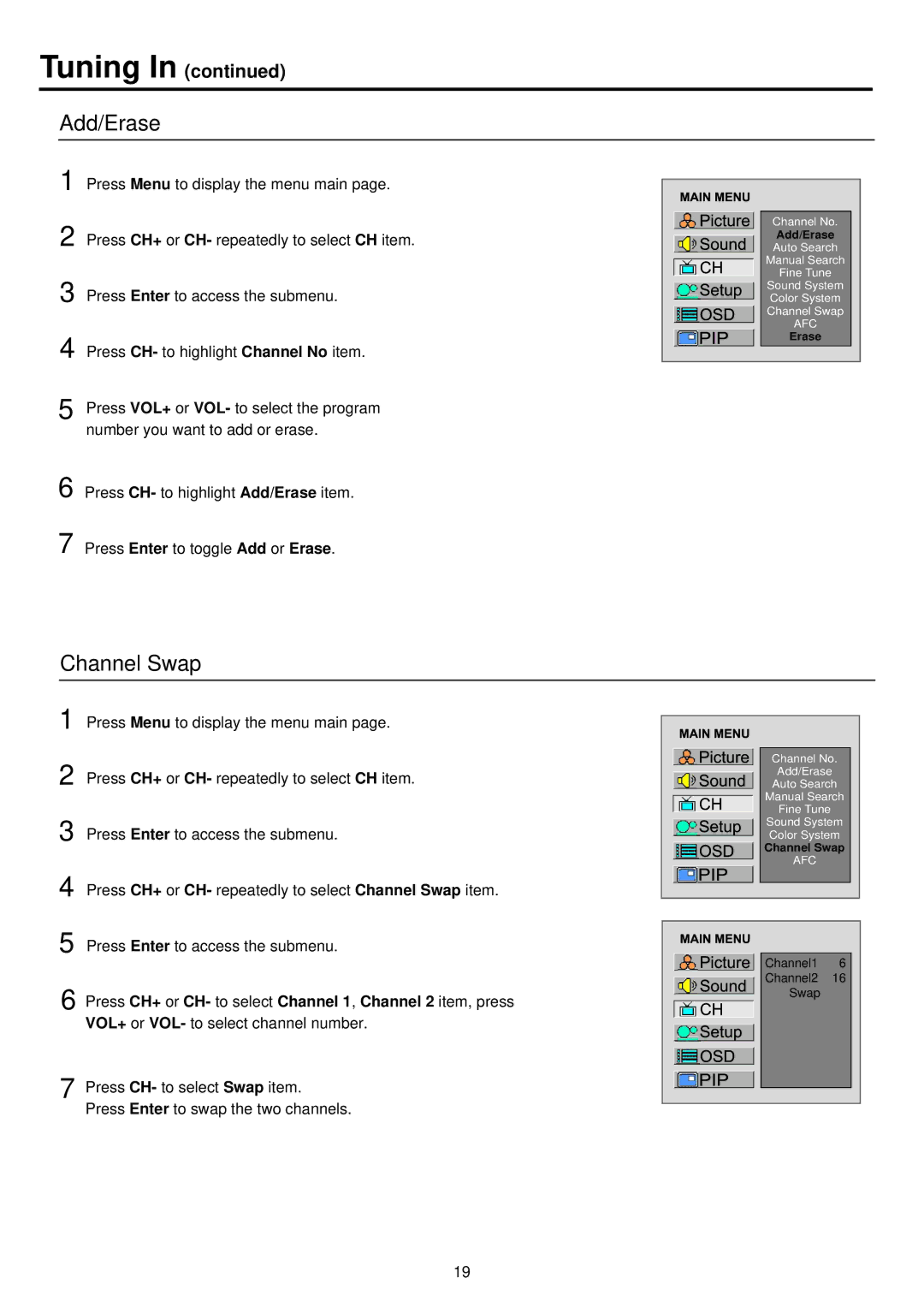 Palsonic TFTV930 owner manual Add/Erase, Channel Swap 