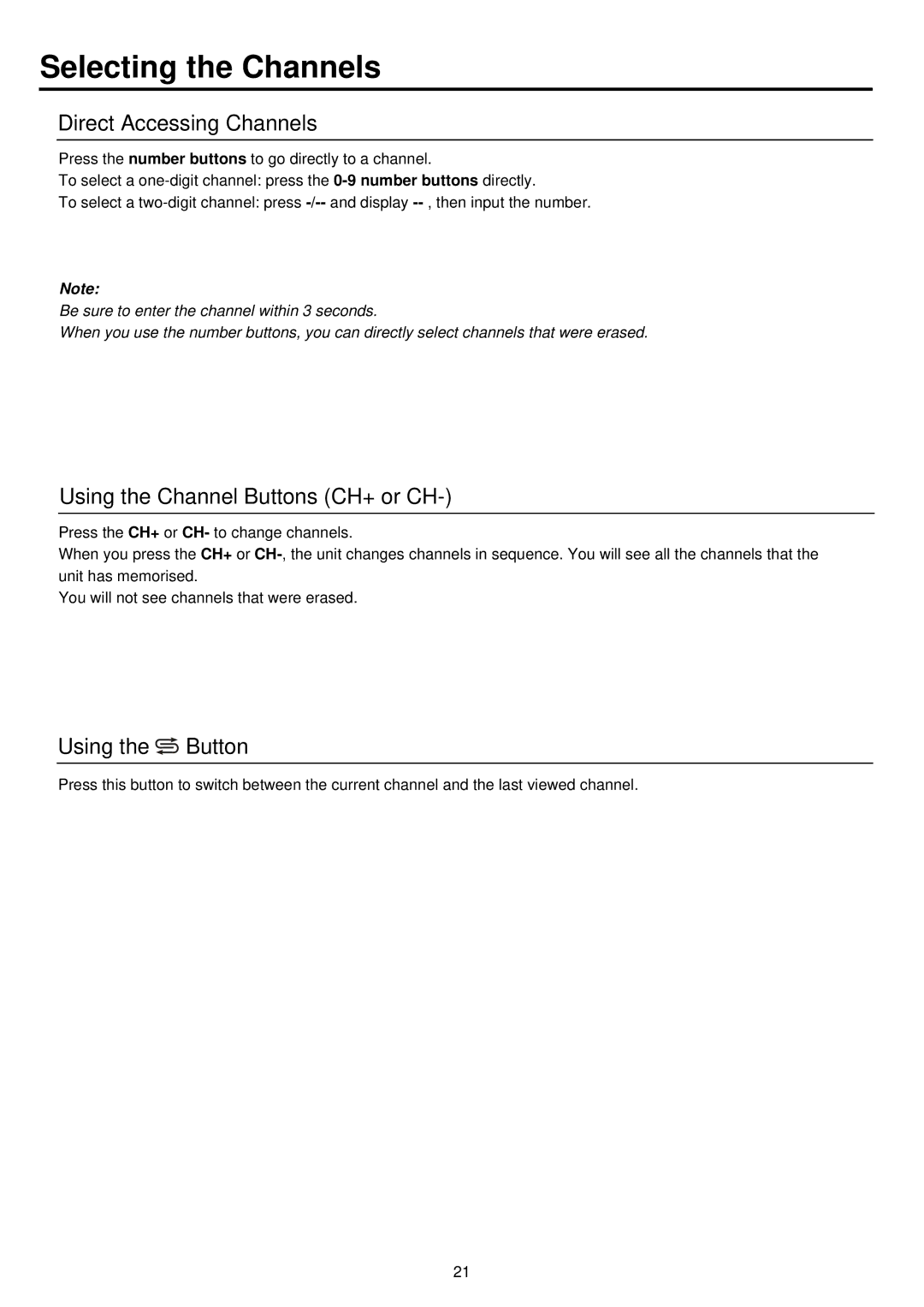 Palsonic TFTV930 Selecting the Channels, Direct Accessing Channels, Using the Channel Buttons CH+ or CH, Using the Button 