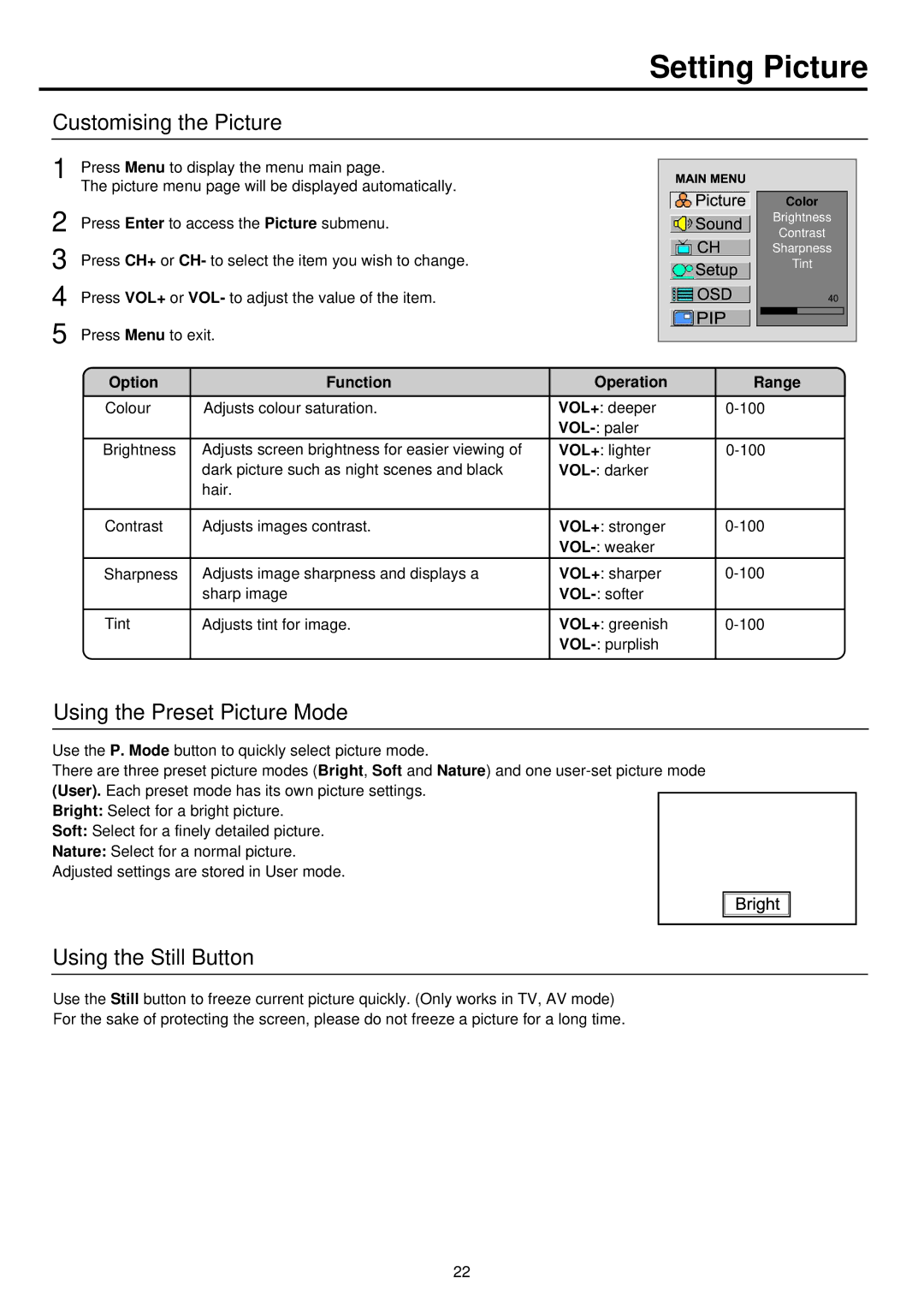 Palsonic TFTV930 Setting Picture, Customising the Picture, Using the Preset Picture Mode, Using the Still Button 