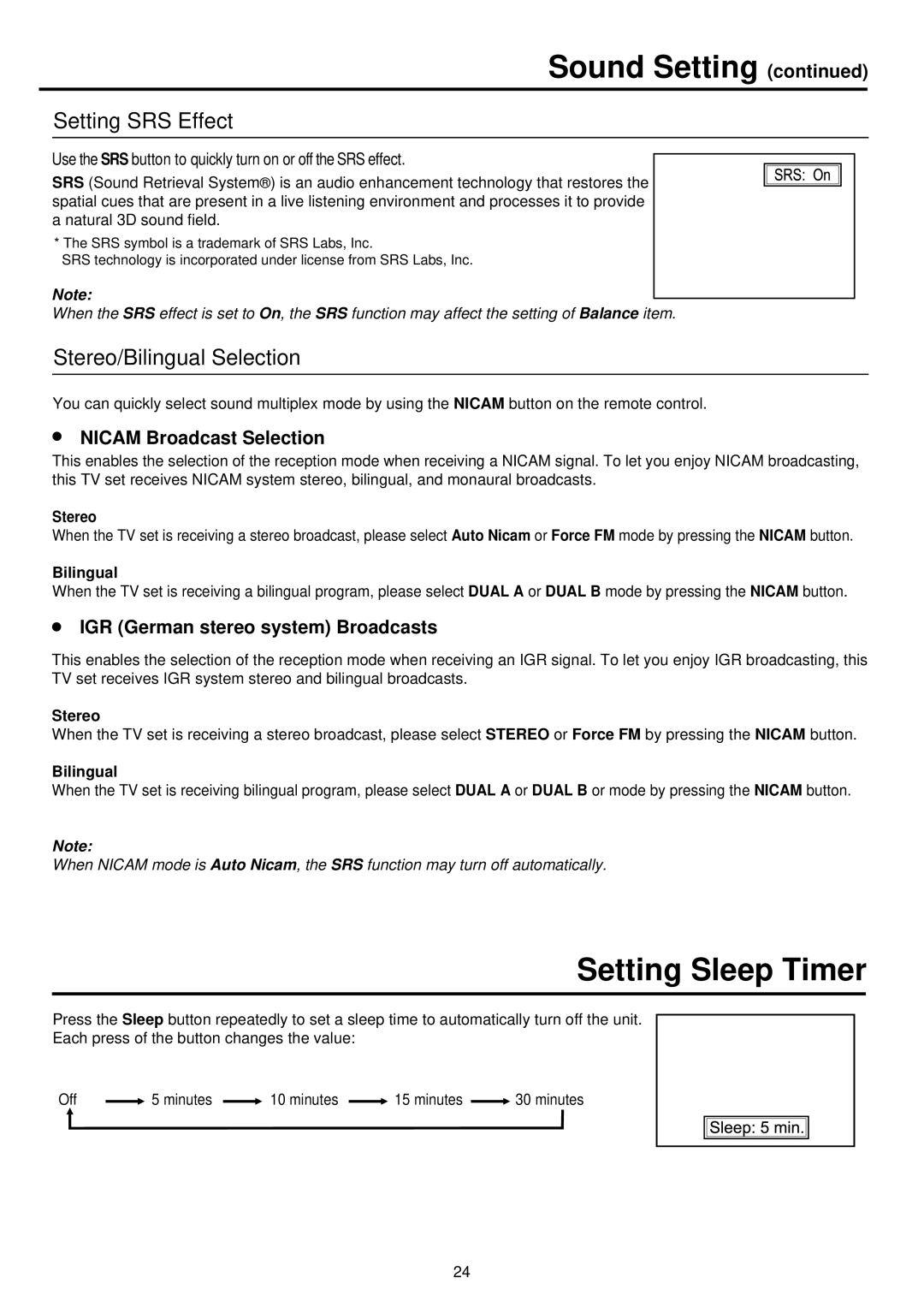 Palsonic TFTV930 owner manual Setting Sleep Timer, Setting SRS Effect, Stereo/Bilingual Selection 