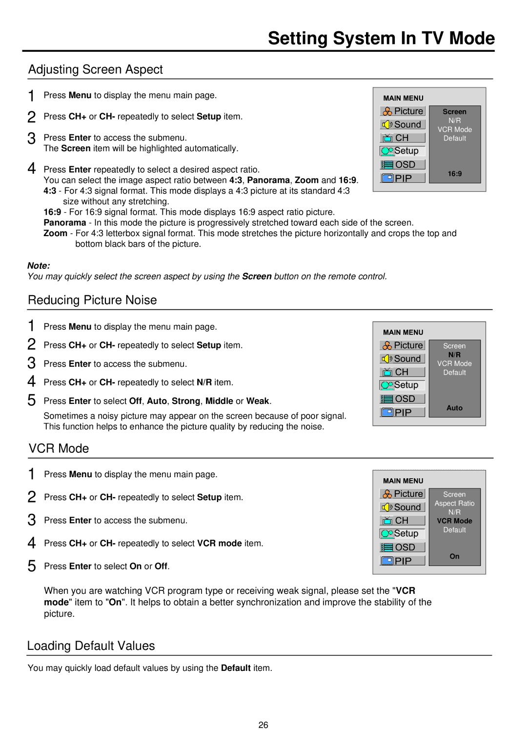 Palsonic TFTV930 owner manual Adjusting Screen Aspect, Reducing Picture Noise 