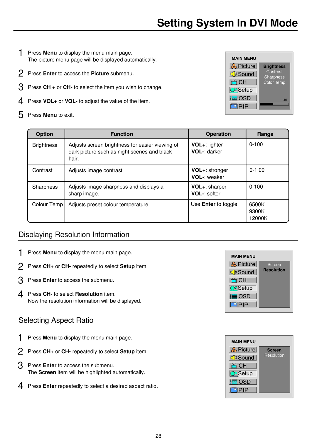 Palsonic TFTV930 owner manual Setting System In DVI Mode, Displaying Resolution Information, Selecting Aspect Ratio 