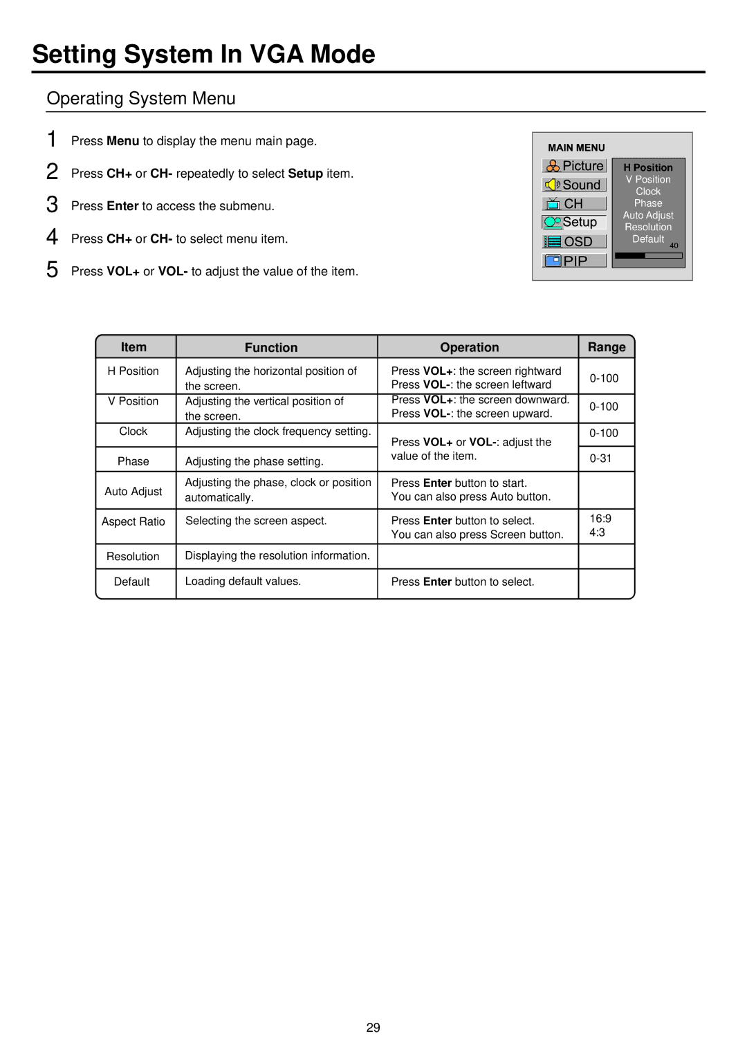 Palsonic TFTV930 owner manual Setting System In VGA Mode, Operating System Menu, Function Operation Range 