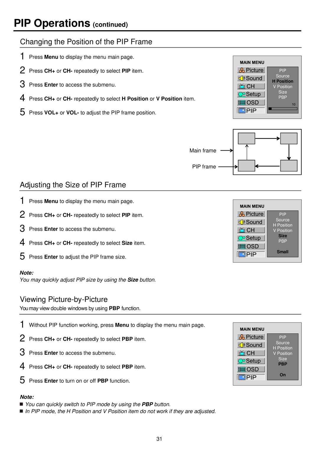 Palsonic TFTV930 owner manual PIP Operations, Changing the Position of the PIP Frame, Adjusting the Size of PIP Frame 