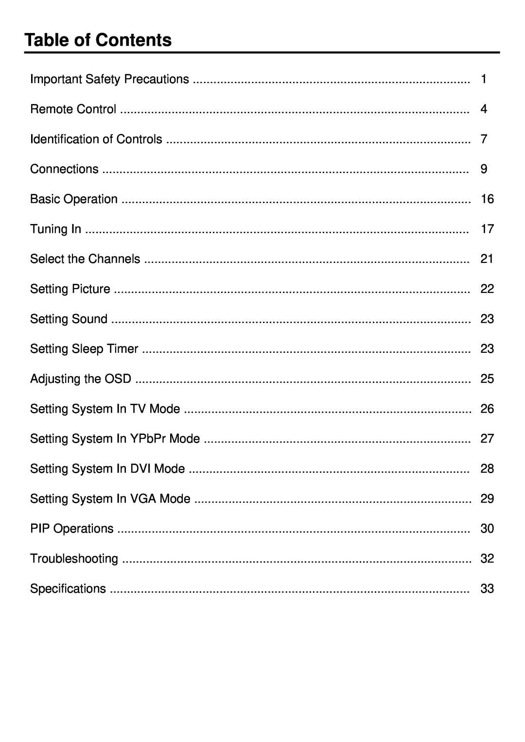 Palsonic TFTV930 owner manual Table of Contents 