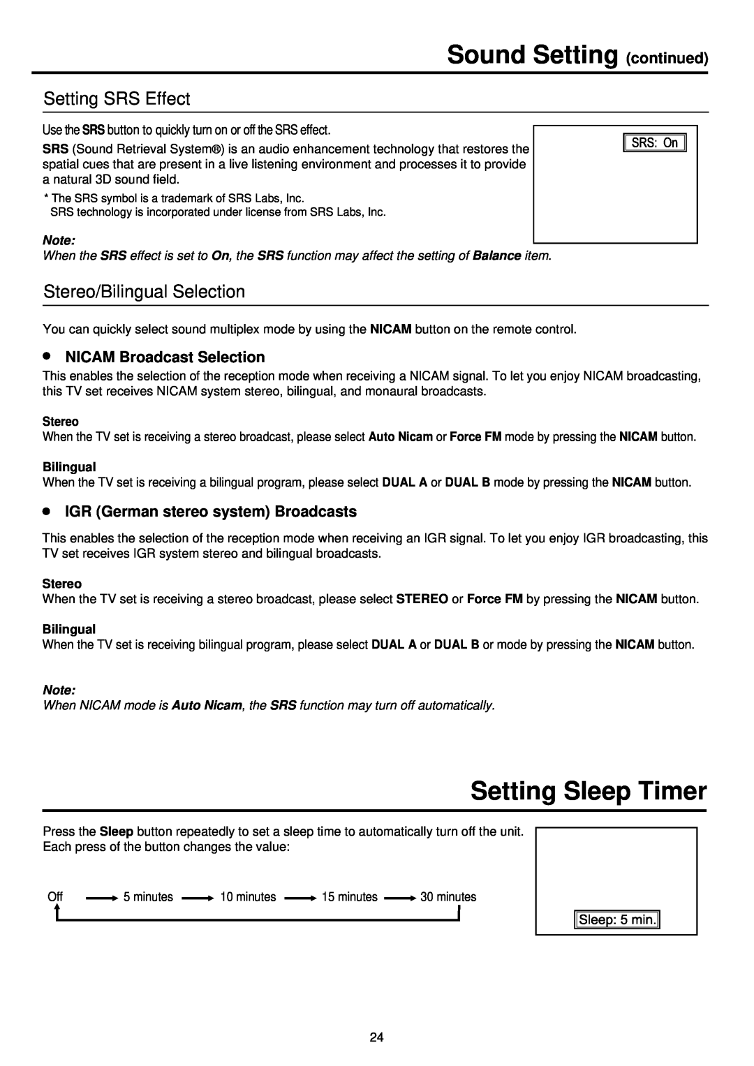 Palsonic TFTV930 owner manual Sound Setting continued, Setting Sleep Timer, Setting SRS Effect, Stereo/Bilingual Selection 