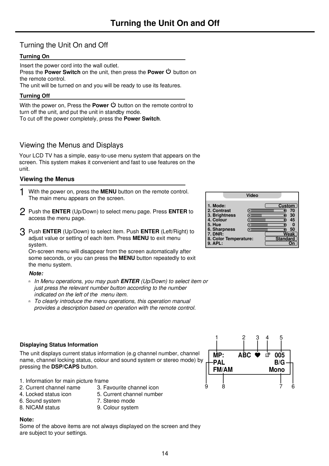 Palsonic TFTV935S owner manual Turning the Unit On and Off, Viewing the Menus and Displays 