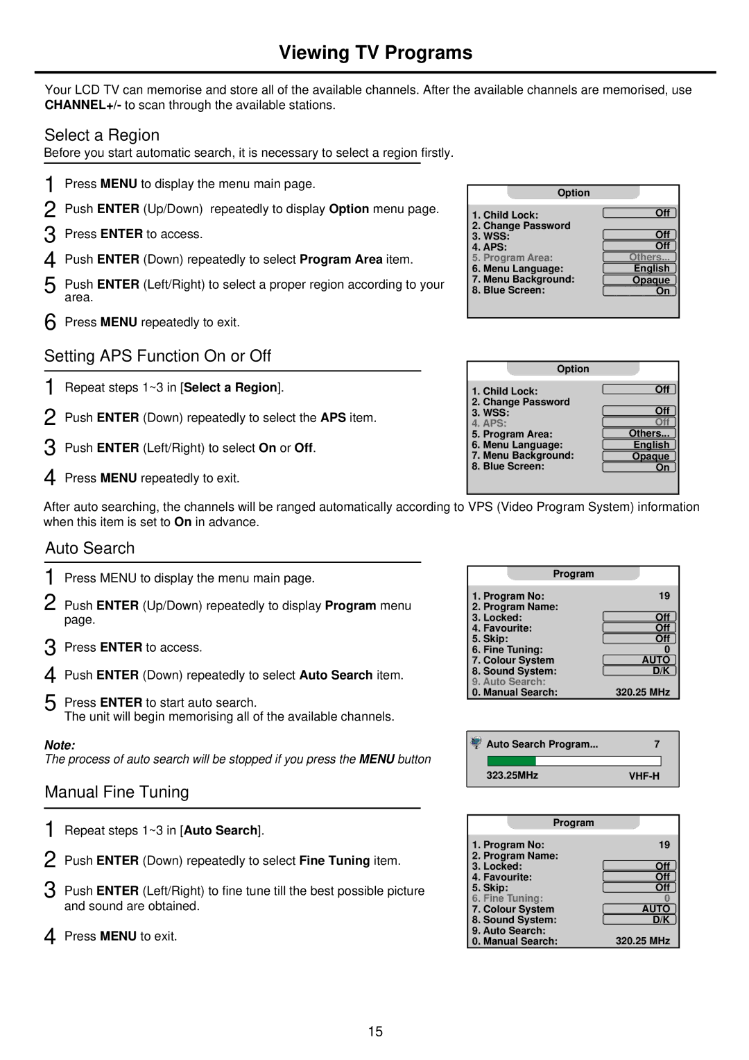 Palsonic TFTV935S Viewing TV Programs, Select a Region, Setting APS Function On or Off, Auto Search, Manual Fine Tuning 