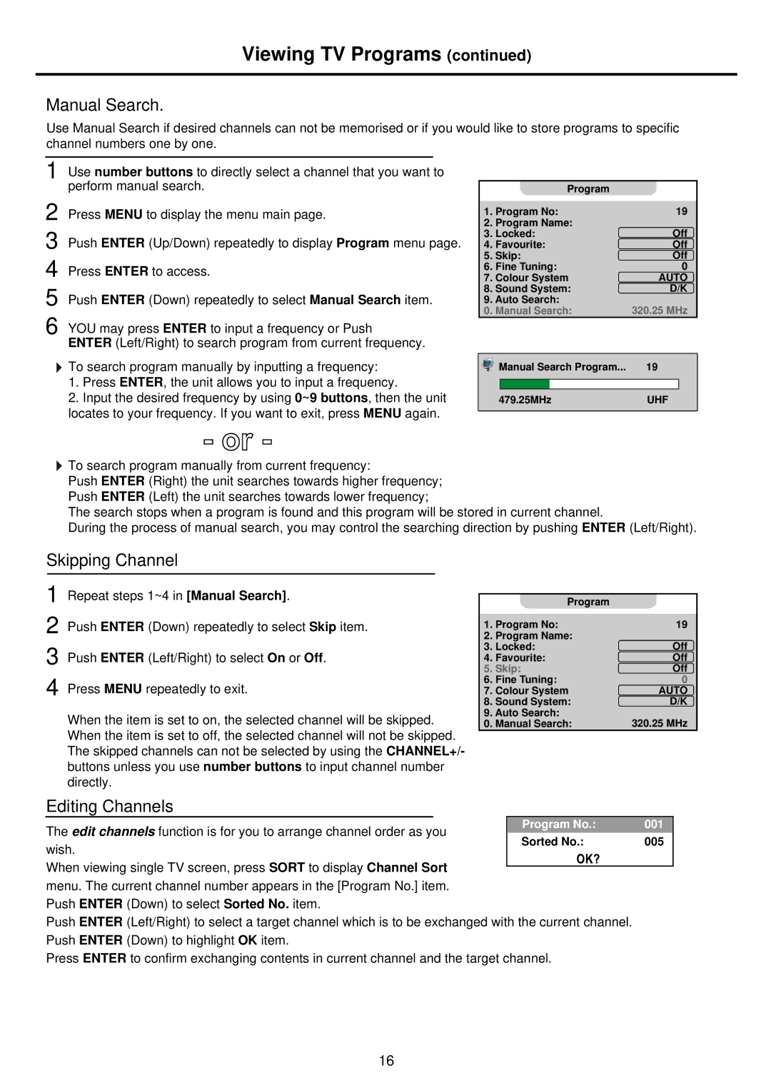 Palsonic TFTV935S owner manual Manual Search, Skipping Channel, Editing Channels 