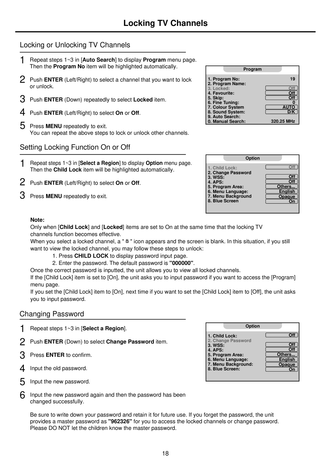 Palsonic TFTV935S owner manual Locking TV Channels, Locking or Unlocking TV Channels, Setting Locking Function On or Off 