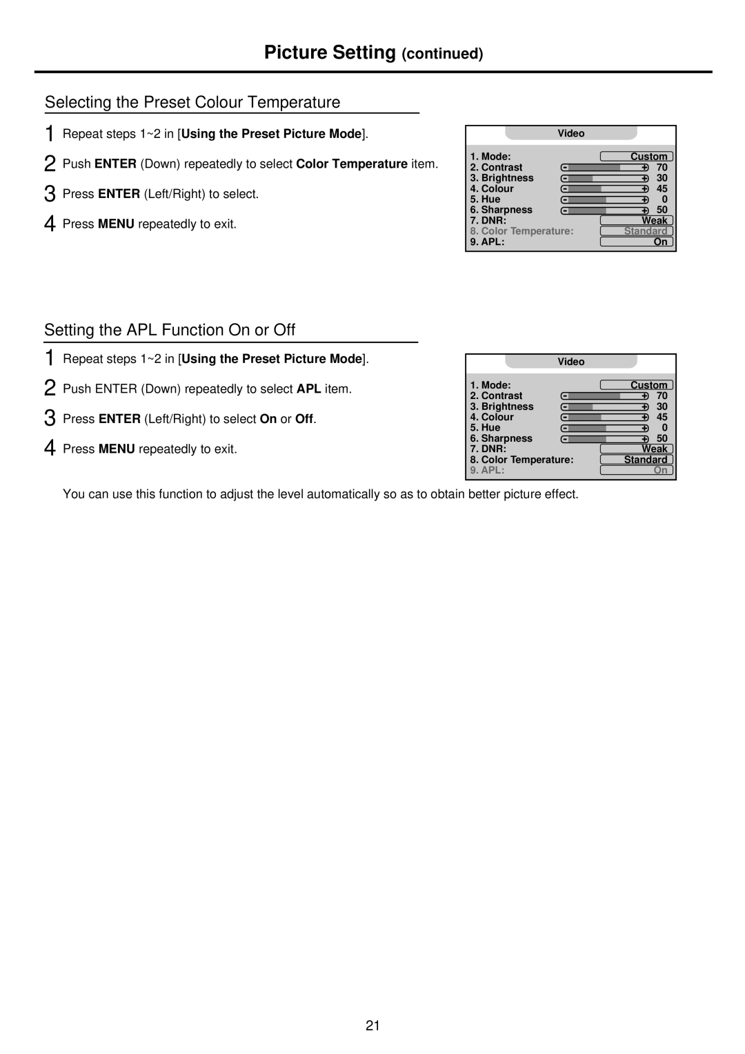 Palsonic TFTV935S owner manual Picture Setting, Selecting the Preset Colour Temperature, Setting the APL Function On or Off 