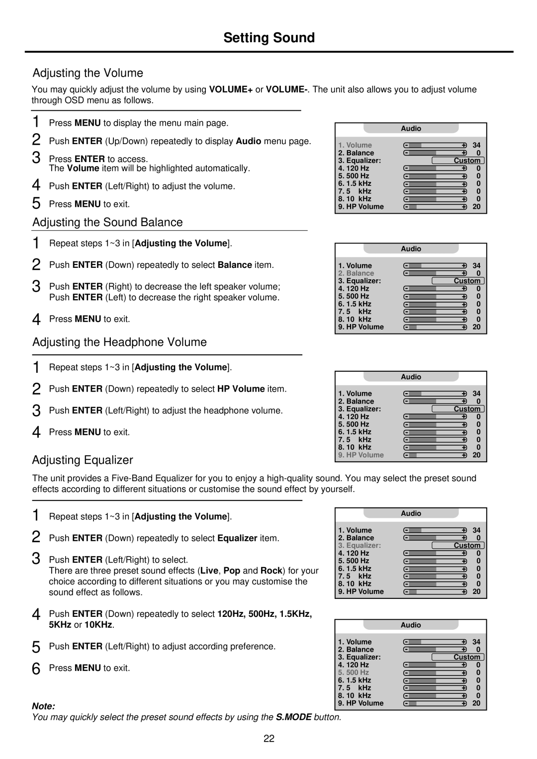 Palsonic TFTV935S owner manual Setting Sound, Adjusting the Sound Balance, Adjusting the Headphone Volume 