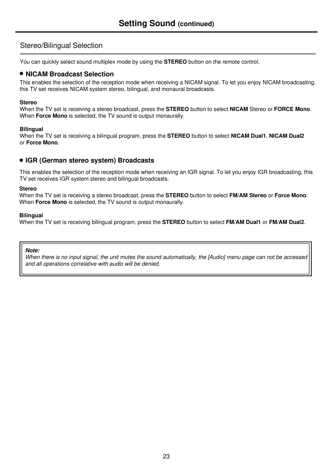 Palsonic TFTV935S owner manual Stereo/Bilingual Selection 