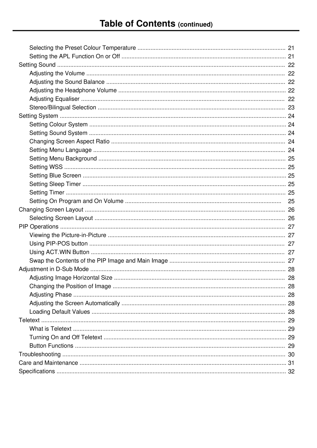 Palsonic TFTV935S owner manual Table of Contents 