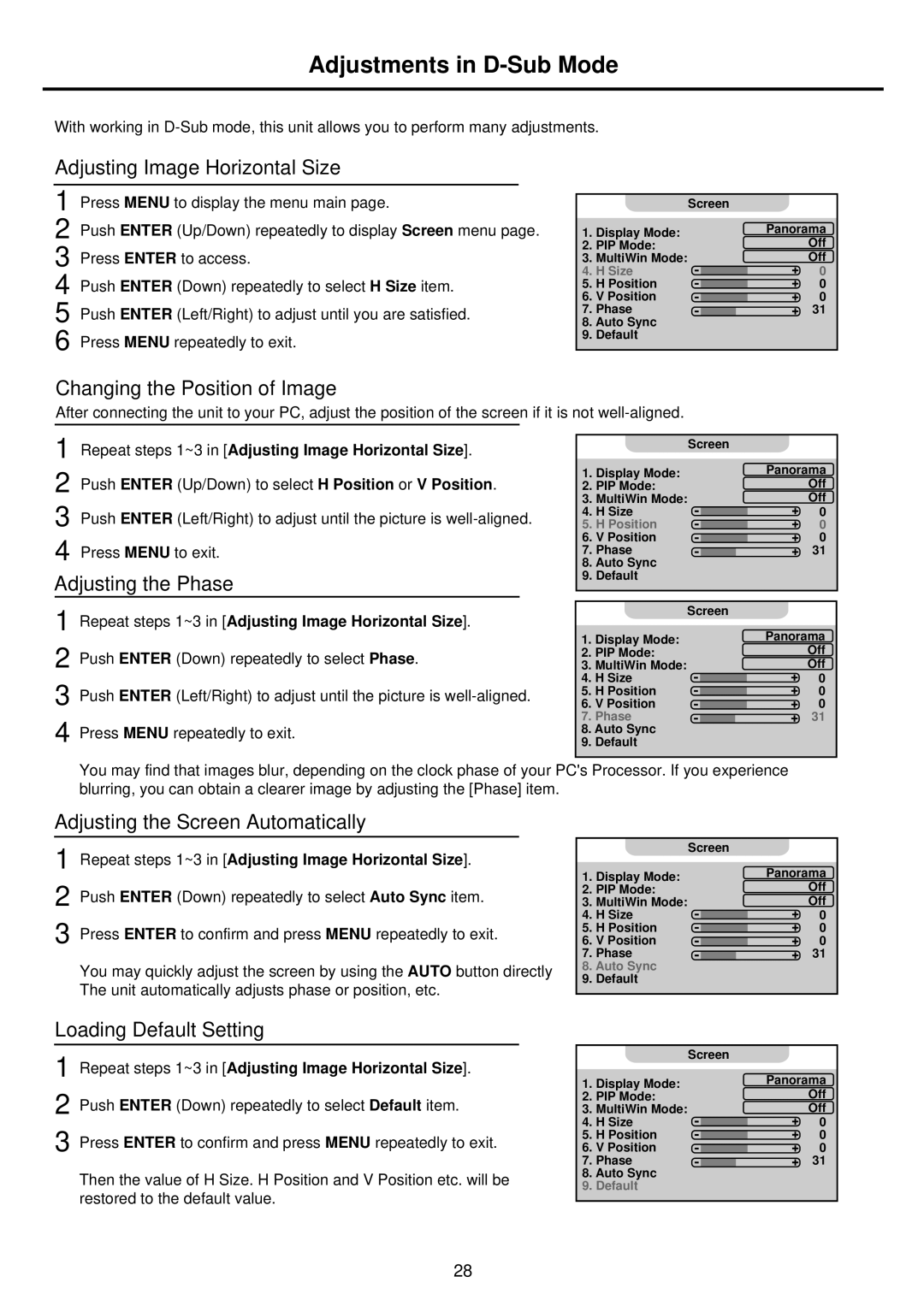 Palsonic TFTV935S owner manual Adjustments in D-Sub Mode 