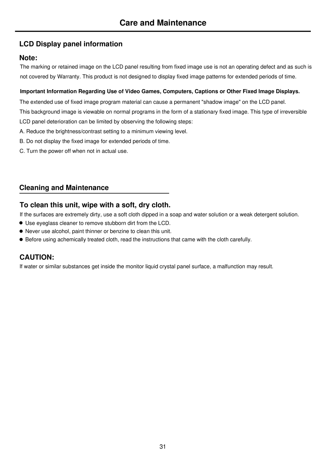 Palsonic TFTV935S owner manual Care and Maintenance, LCD Display panel information 