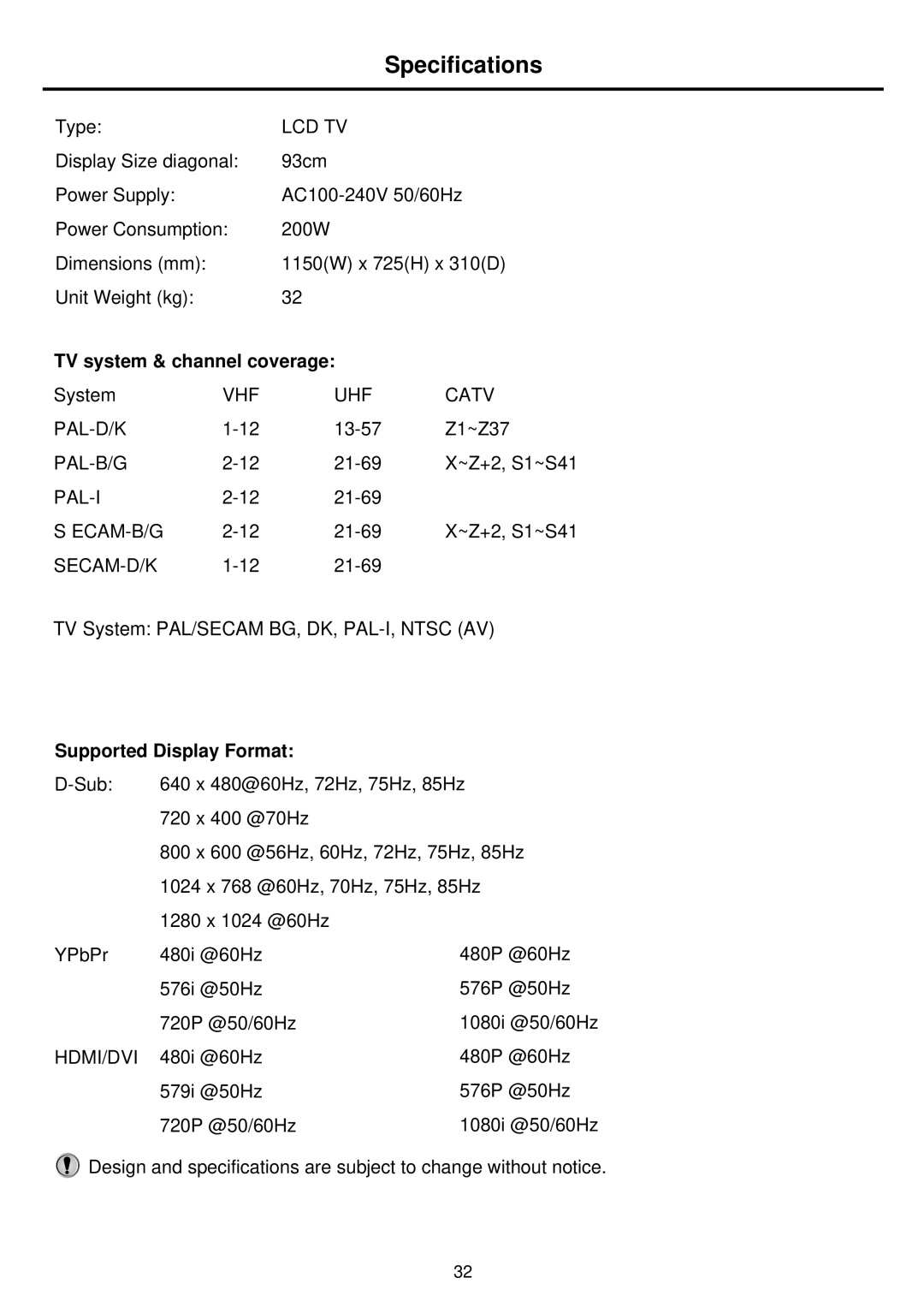 Palsonic TFTV935S owner manual Specifications, Lcd Tv 