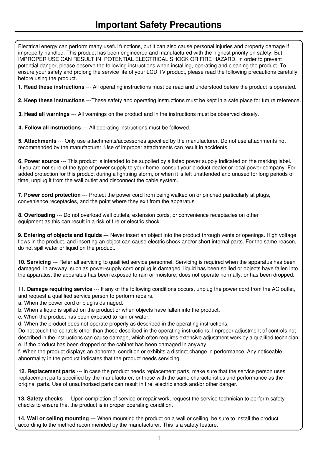 Palsonic TFTV935S owner manual Important Safety Precautions 