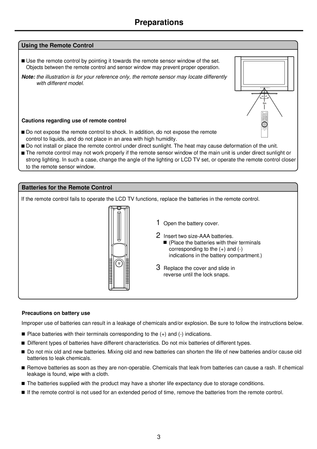 Palsonic TFTV935S Preparations, Using the Remote Control, Batteries for the Remote Control, Precautions on battery use 