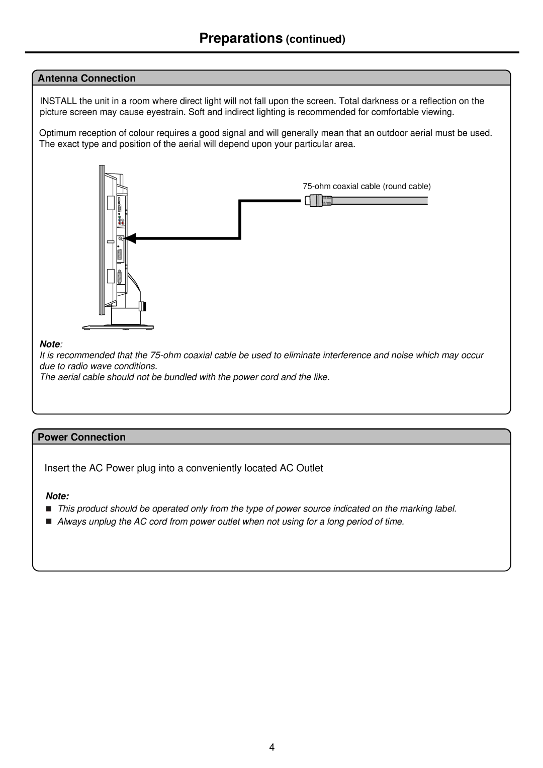 Palsonic TFTV935S owner manual Antenna Connection, Power Connection 