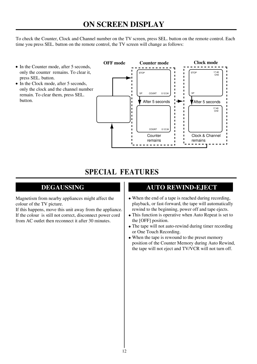 Palsonic TVP-342 owner manual On Screen Display, Special Features, Degaussing, Auto REWIND-EJECT 