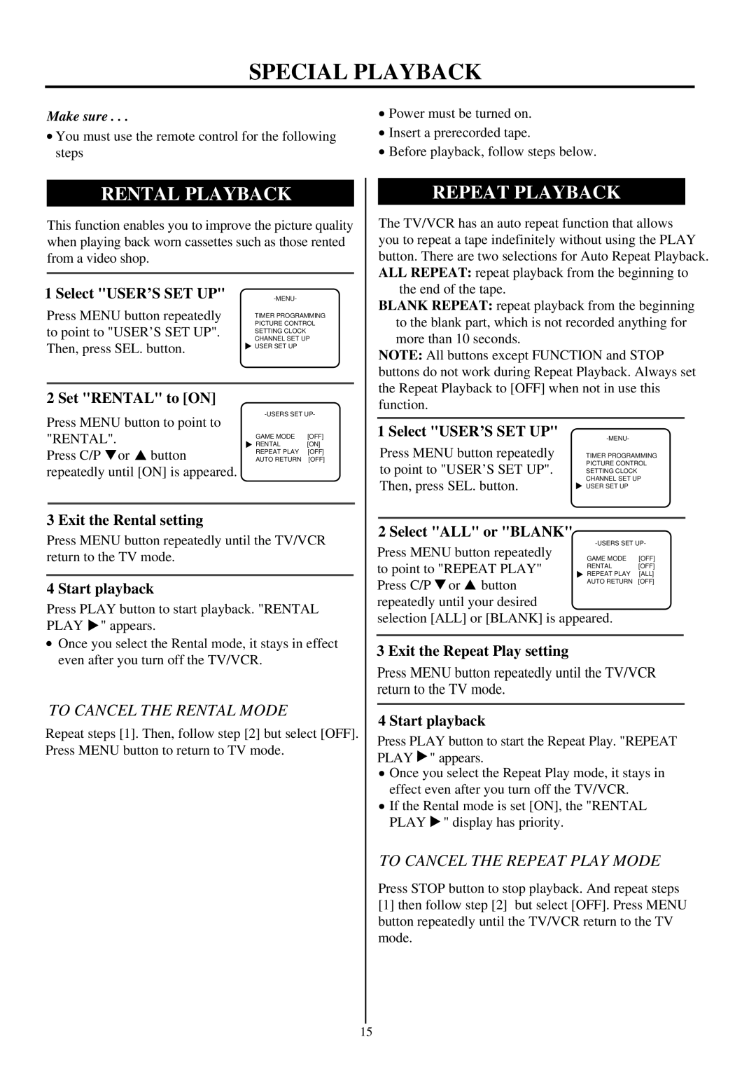 Palsonic TVP-342 owner manual Special Playback, Rental Playback, Repeat Playback, To Cancel the Rental Mode 