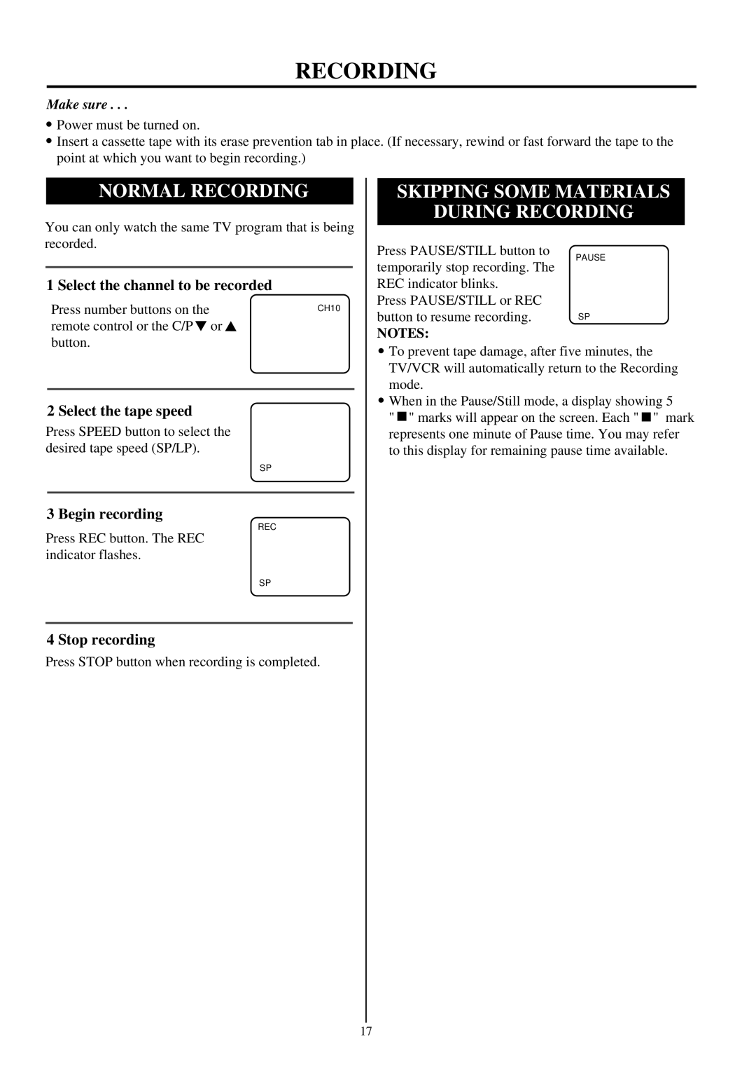 Palsonic TVP-342 owner manual Normal Recording, Skipping Some Materials During Recording 