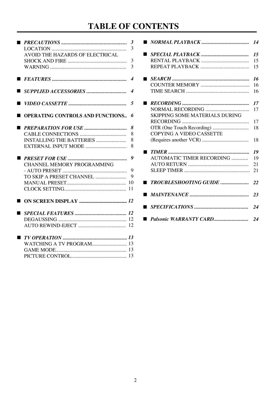 Palsonic TVP-342 owner manual Table of Contents 