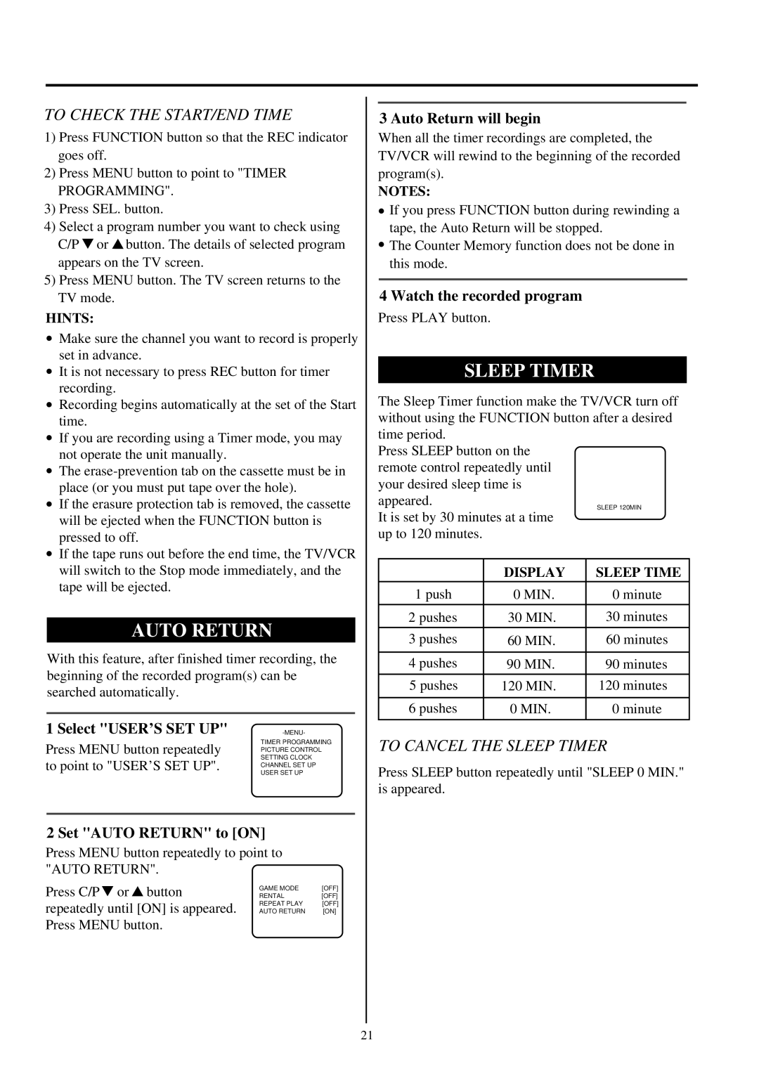 Palsonic TVP-342 owner manual Auto Return, To Check the START/END Time, To Cancel the Sleep Timer 