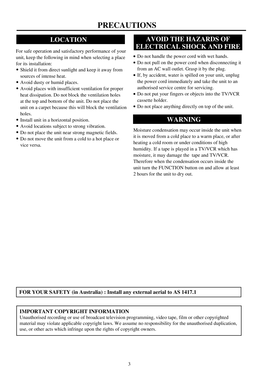 Palsonic TVP-342 owner manual Precautions, Location, Avoid the Hazards Electrical Shock and Fire 