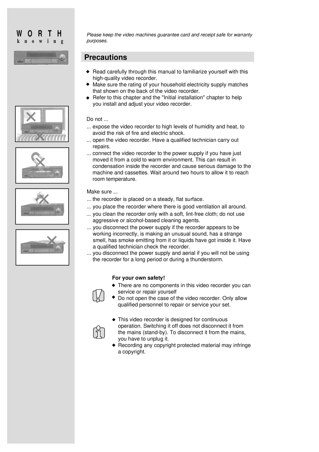 Palsonic VCR2120 instruction manual Precautions, For your own safety 