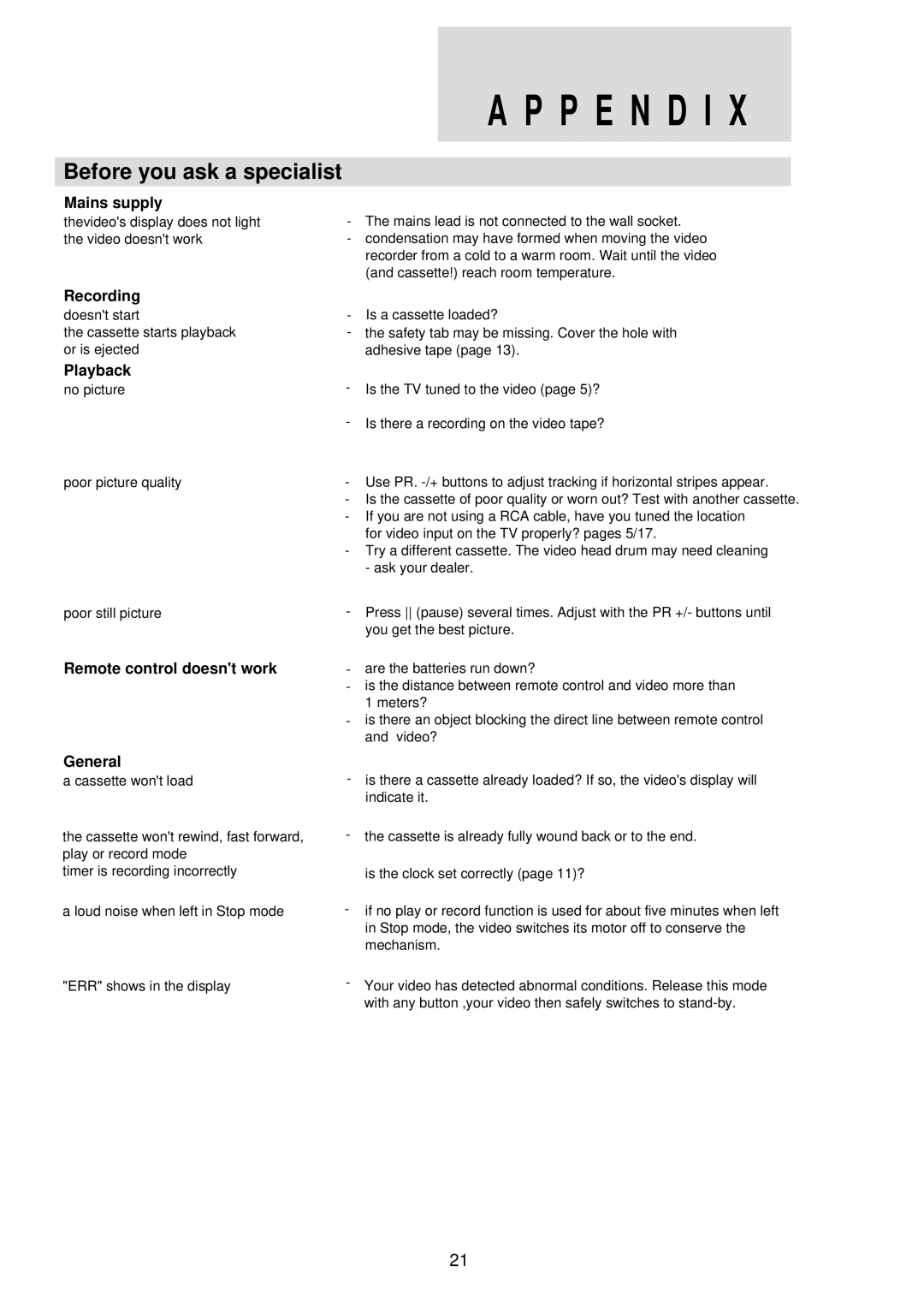 Palsonic VCR2120 instruction manual Before you ask a specialist 