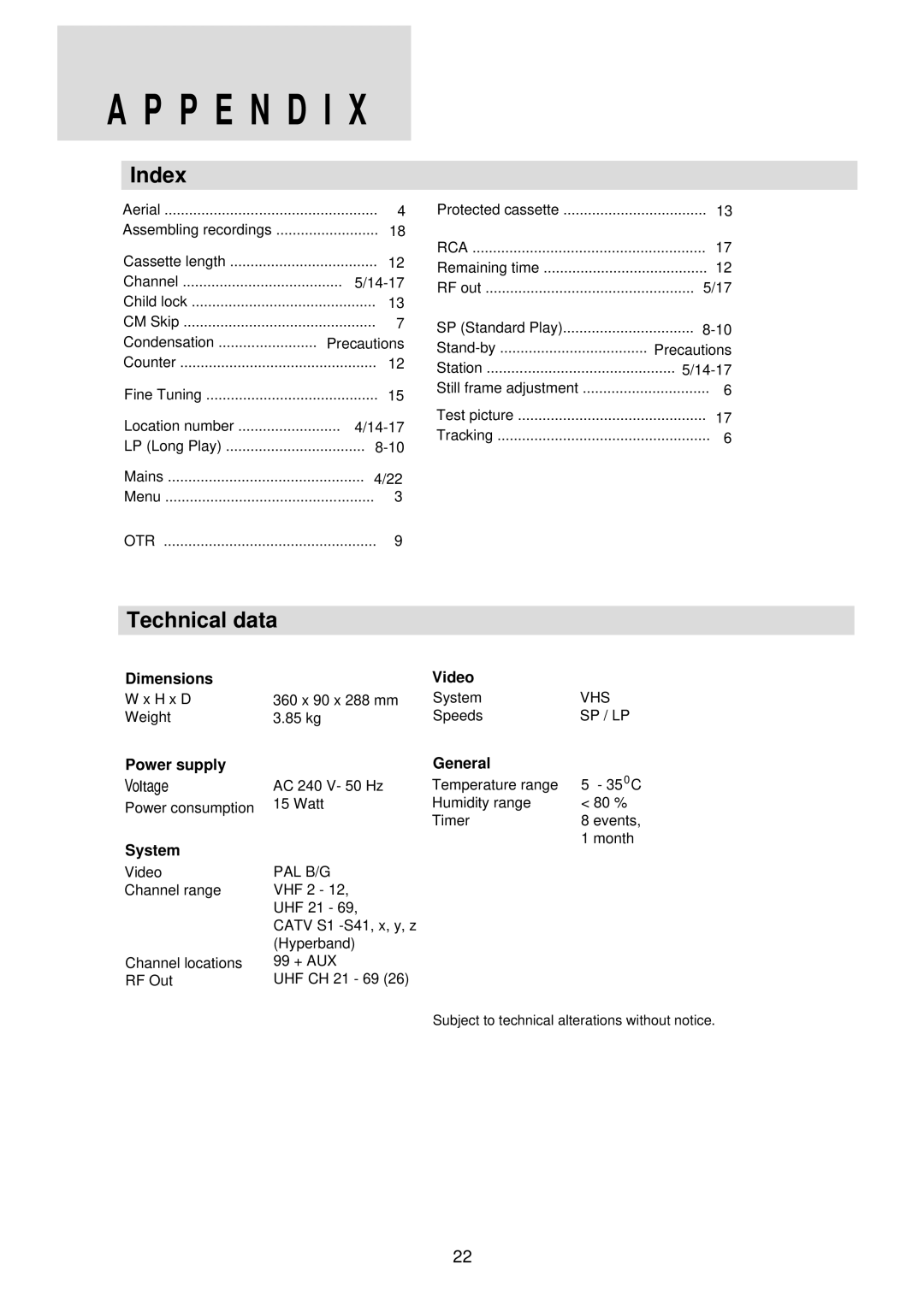 Palsonic VCR2120 instruction manual Index, Technical data, Dimensions Video, Power supply, System 