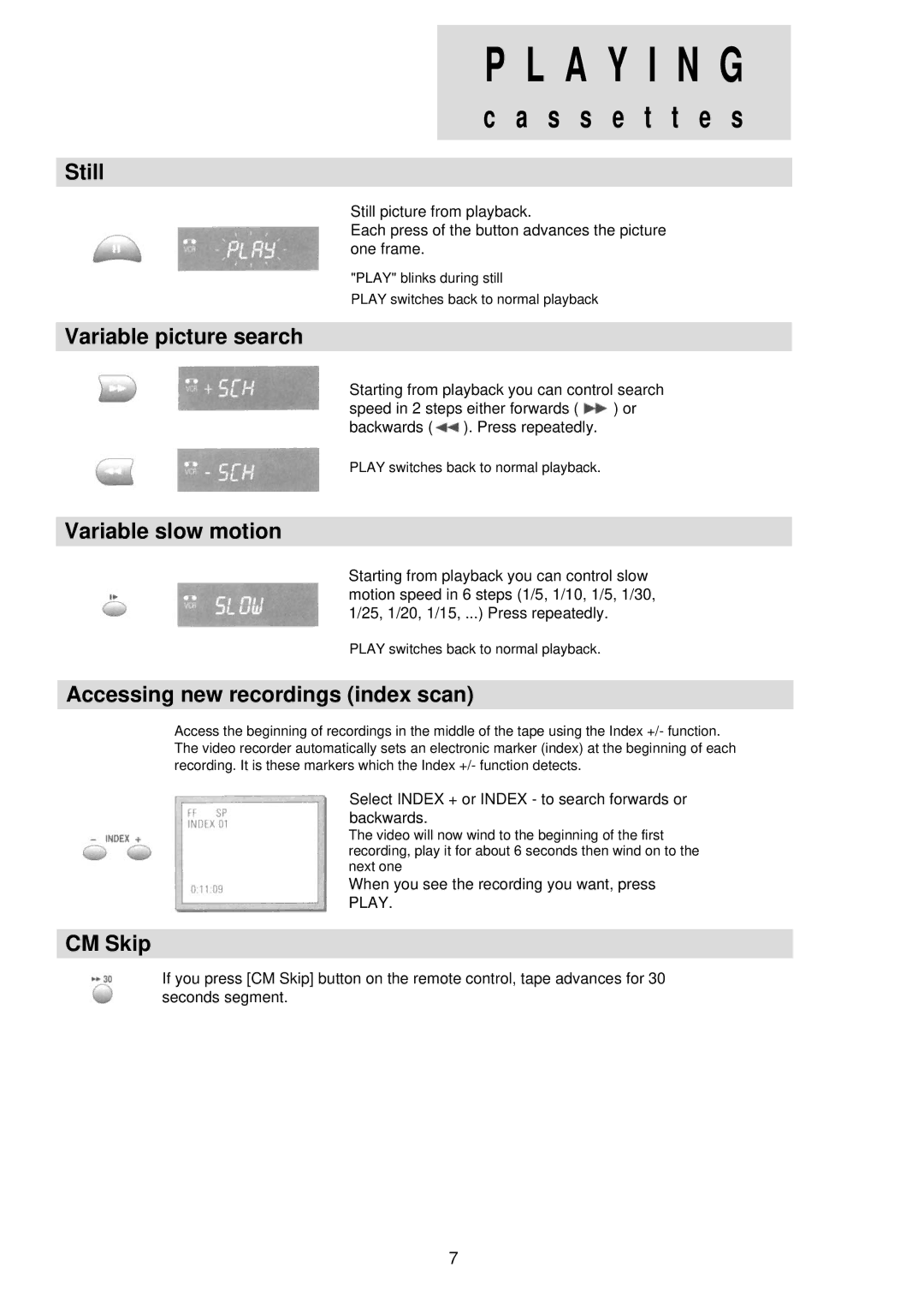 Palsonic VCR2120 Still, Variable picture search, Variable slow motion, Accessing new recordings index scan, CM Skip 