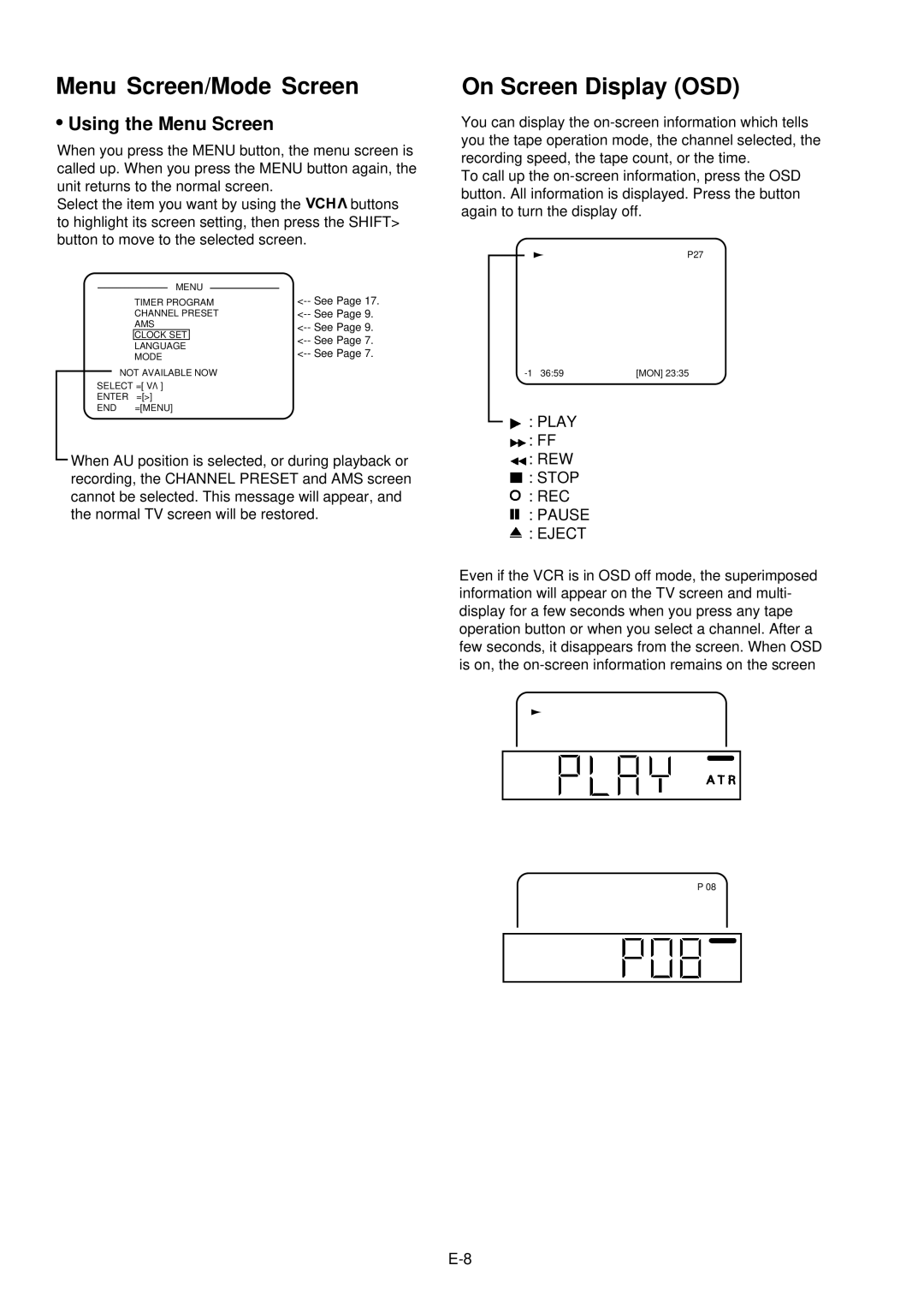 Palsonic VCR9600 owner manual Menu Screen/Mode Screen, On Screen Display OSD, Using the Menu Screen 