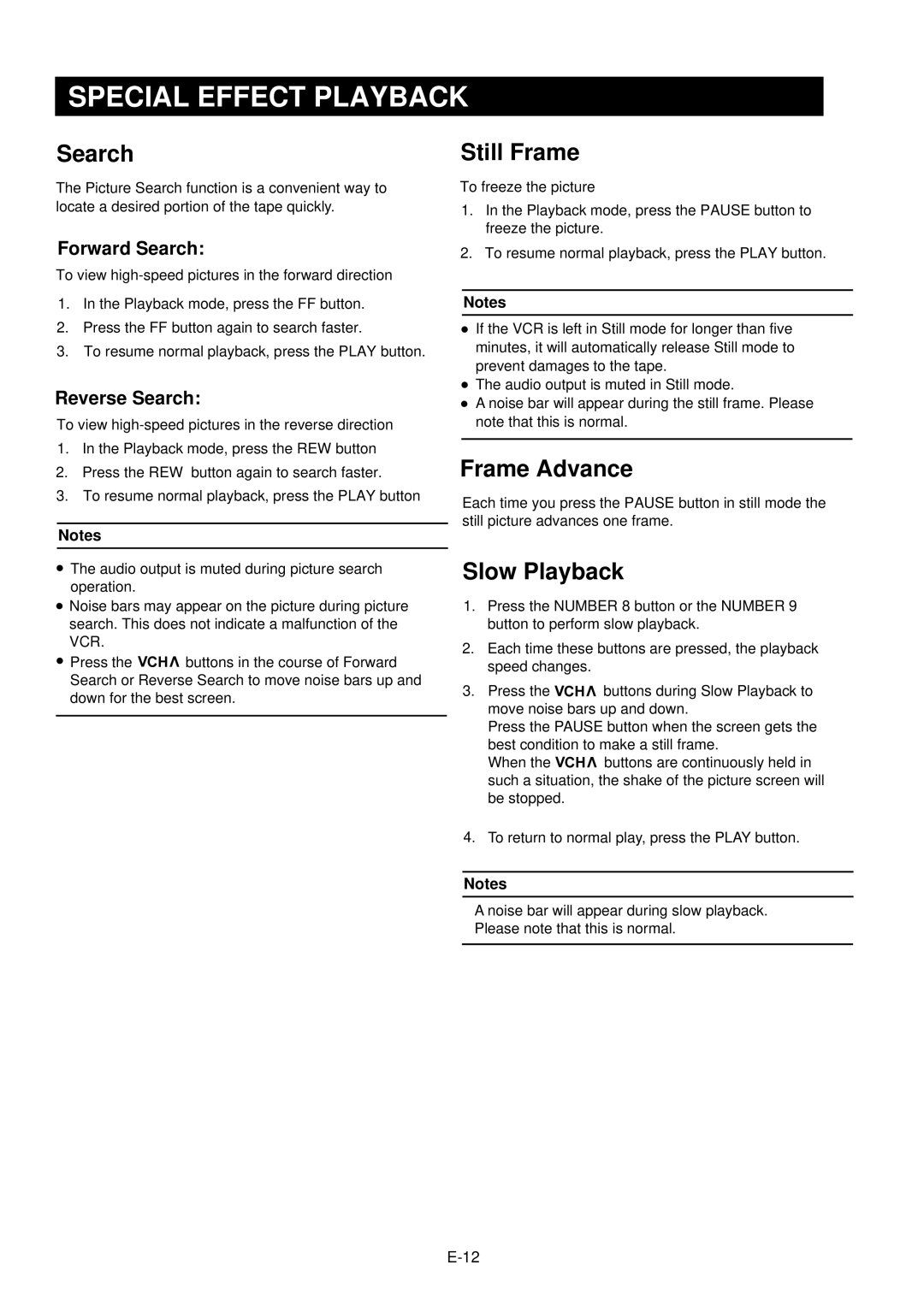 Palsonic VCR9600 owner manual Special Effect Playback, Search, Still Frame, Frame Advance, Slow Playback 