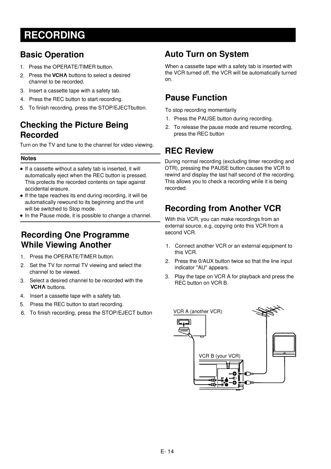 Palsonic VCR9600 owner manual Recording 