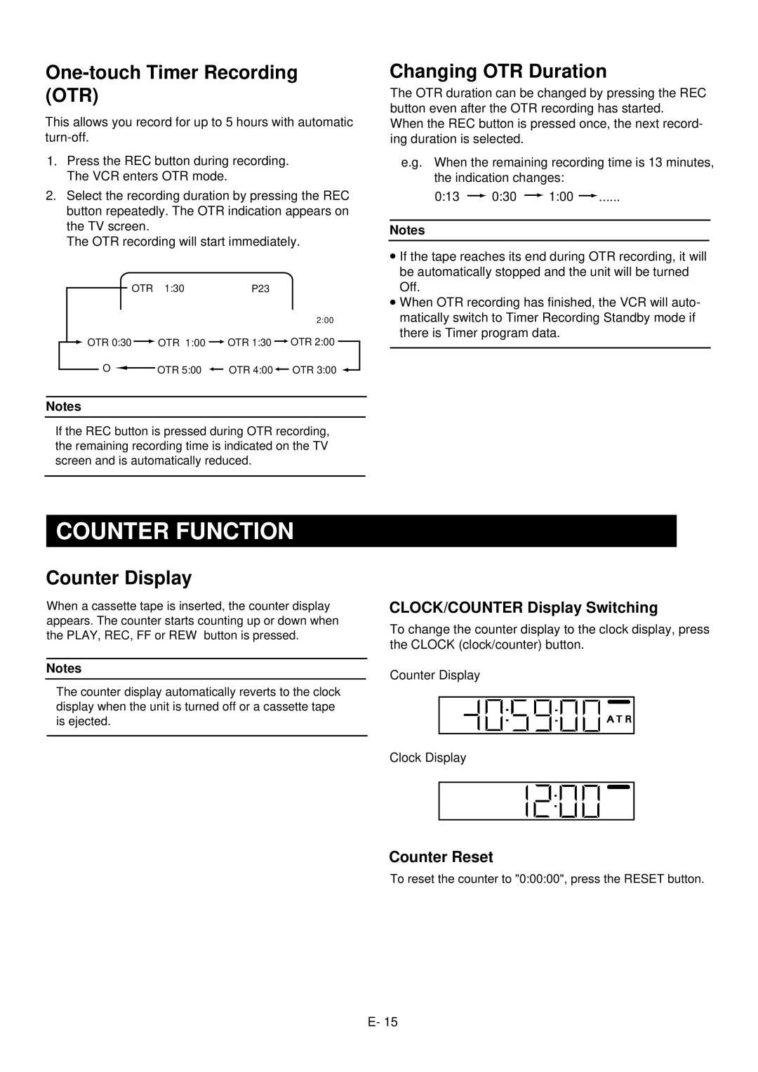 Palsonic VCR9600 owner manual Counter Function, One-touch Timer Recording OTR, Counter Display, Changing OTR Duration 