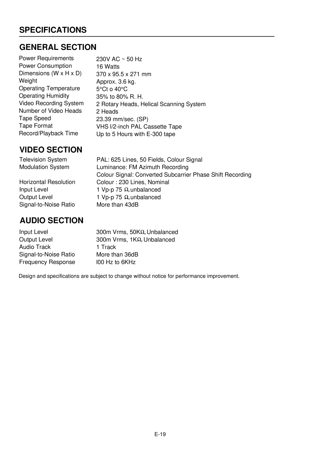 Palsonic VCR9600 owner manual Specifications General Section 