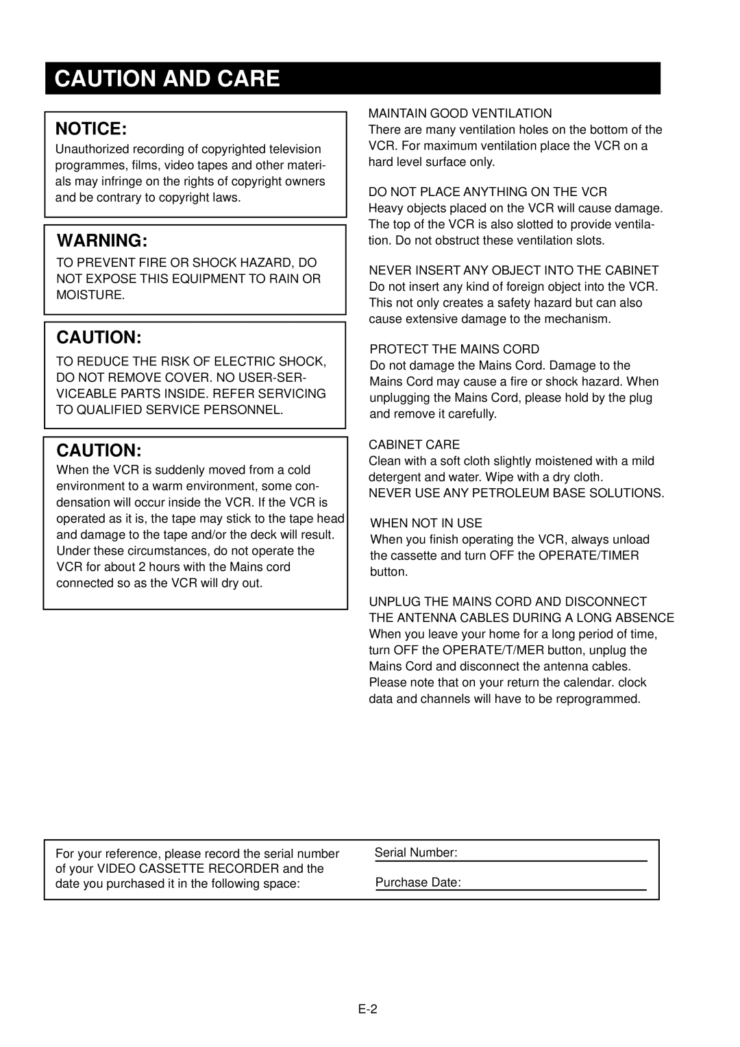 Palsonic VCR9600 owner manual Maintain Good Ventilation 