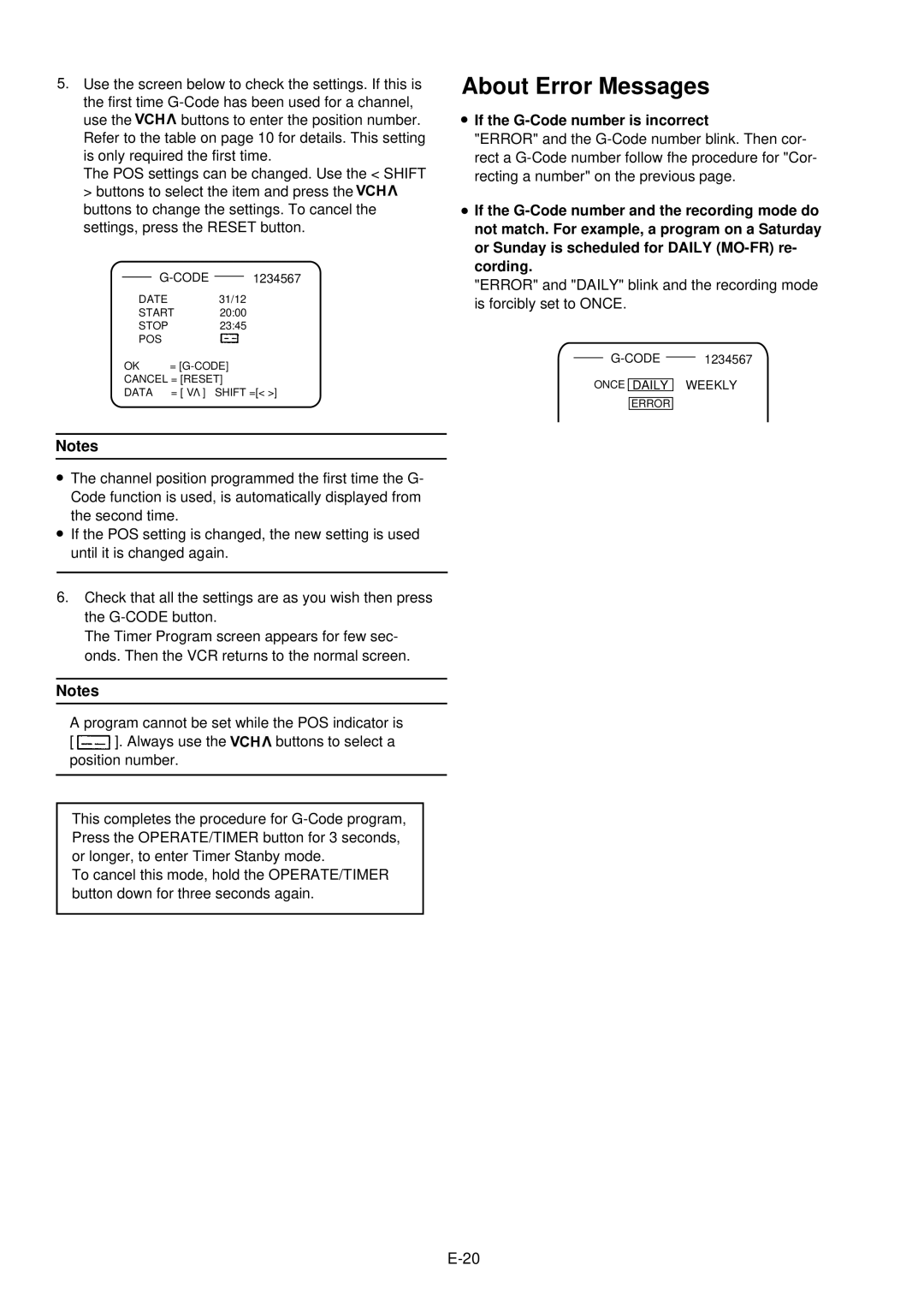 Palsonic VCR9688 owner manual About Error Messages, If the G-Code number is incorrect 