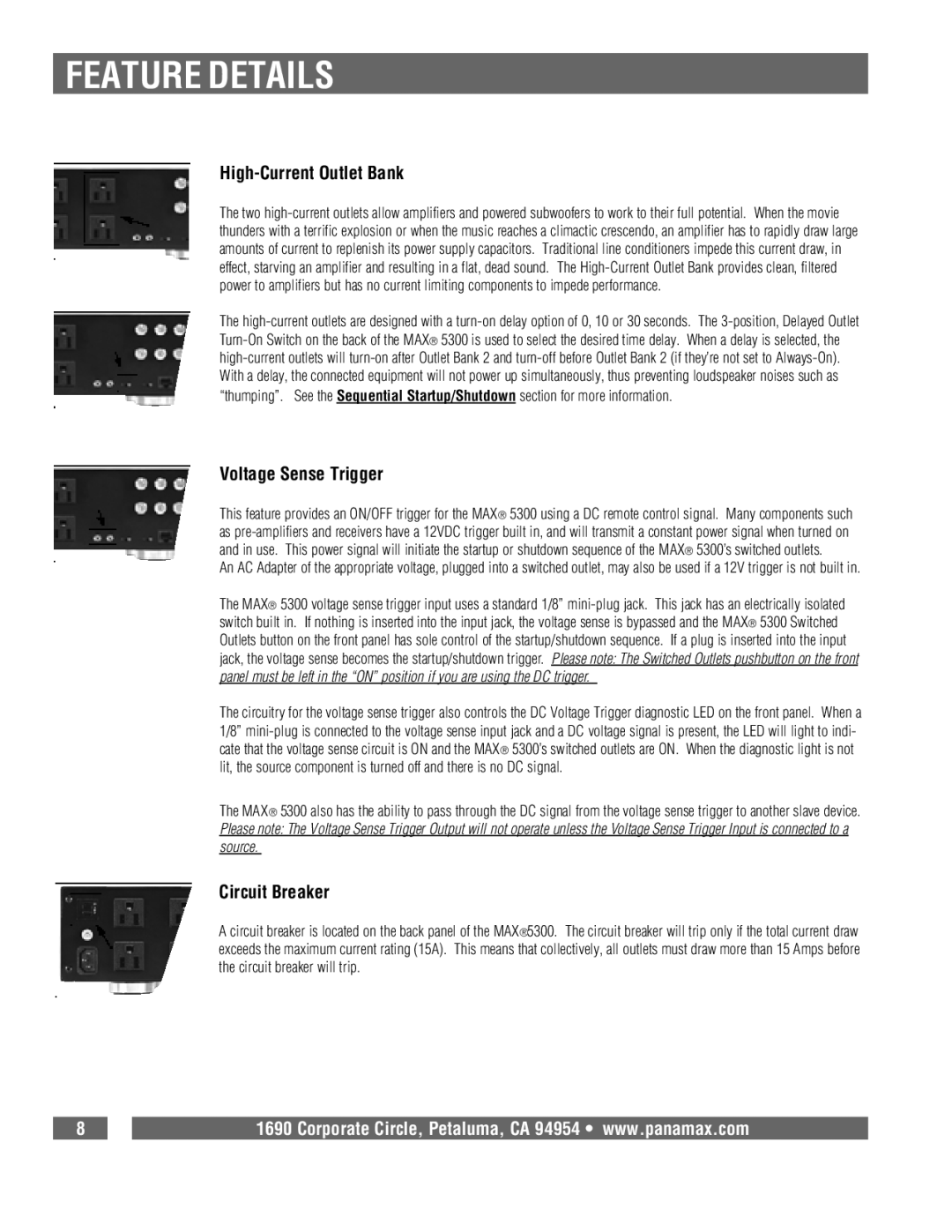 Panamax 5300 owner manual High-Current Outlet Bank, Voltage Sense Trigger, Circuit Breaker 