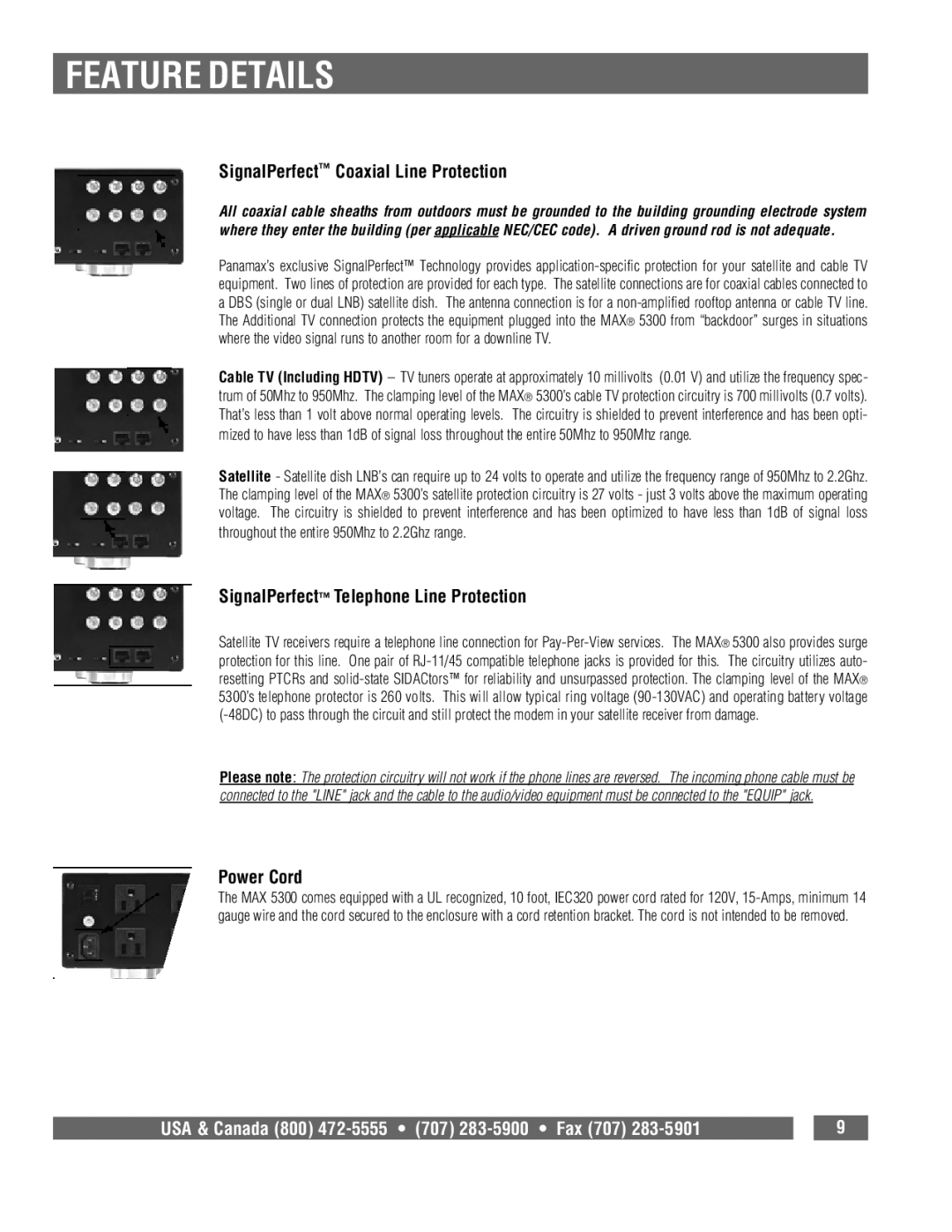 Panamax 5300 owner manual SignalPerfect Coaxial Line Protection, SignalPerfect Telephone Line Protection, Power Cord 