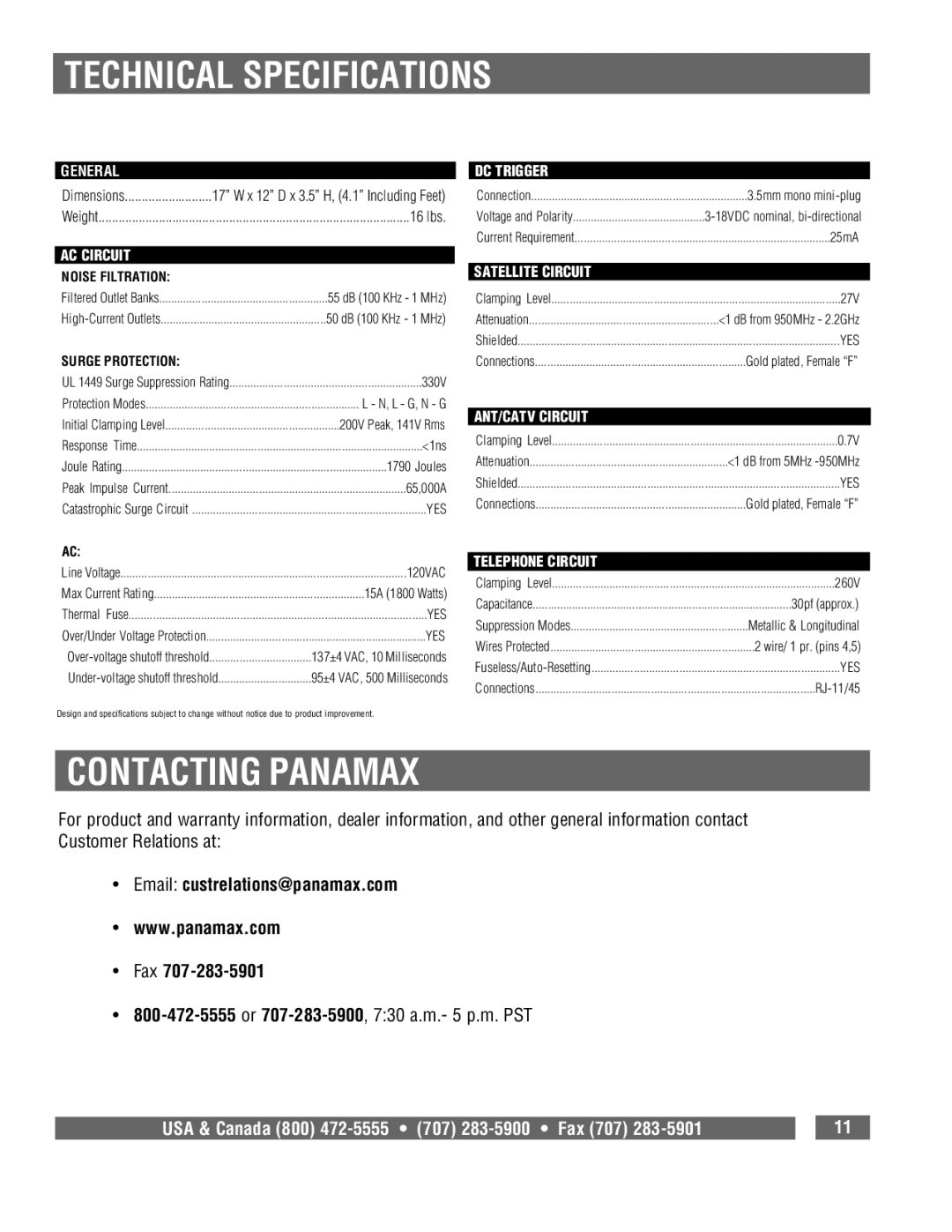 Panamax 5300 owner manual Technical Specifications, Contacting Panamax, Email custrelations@panamax.com Fax 